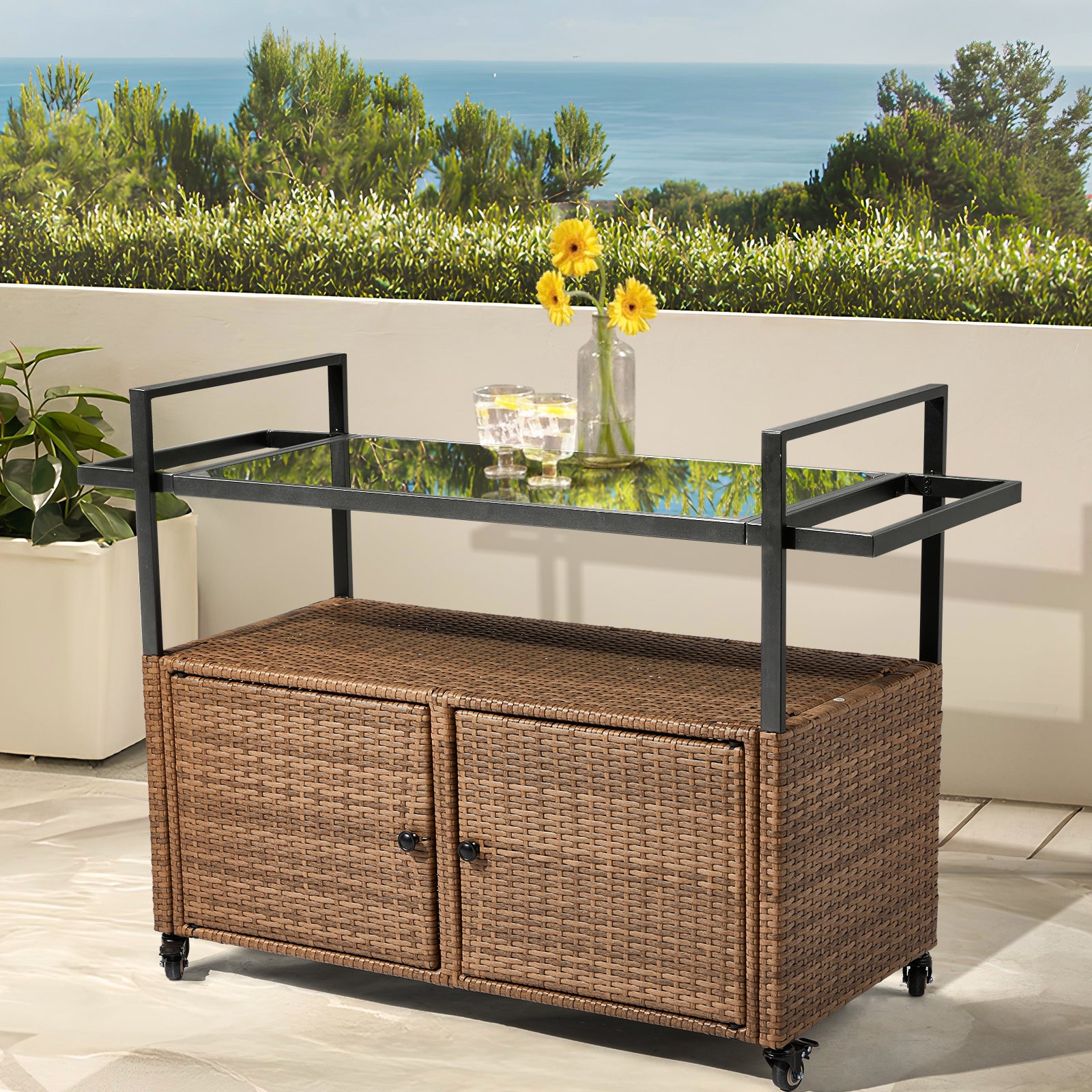 HAOYYE Outdoor Wicker Bar Cart Table Light Brown Rolling Buffet Serving Cart with Glass Top Storage Cabinet and Side Handles Portable Patio Island Cart on Wheels for Porch Backyard Garden Poolside Entertaining