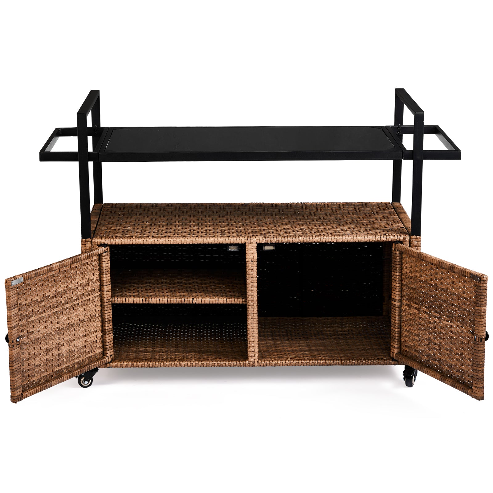 HAOYYE Outdoor Wicker Bar Cart Table Light Brown Rolling Buffet Serving Cart with Glass Top Storage Cabinet and Side Handles Portable Patio Island Cart on Wheels for Porch Backyard Garden Poolside Entertaining