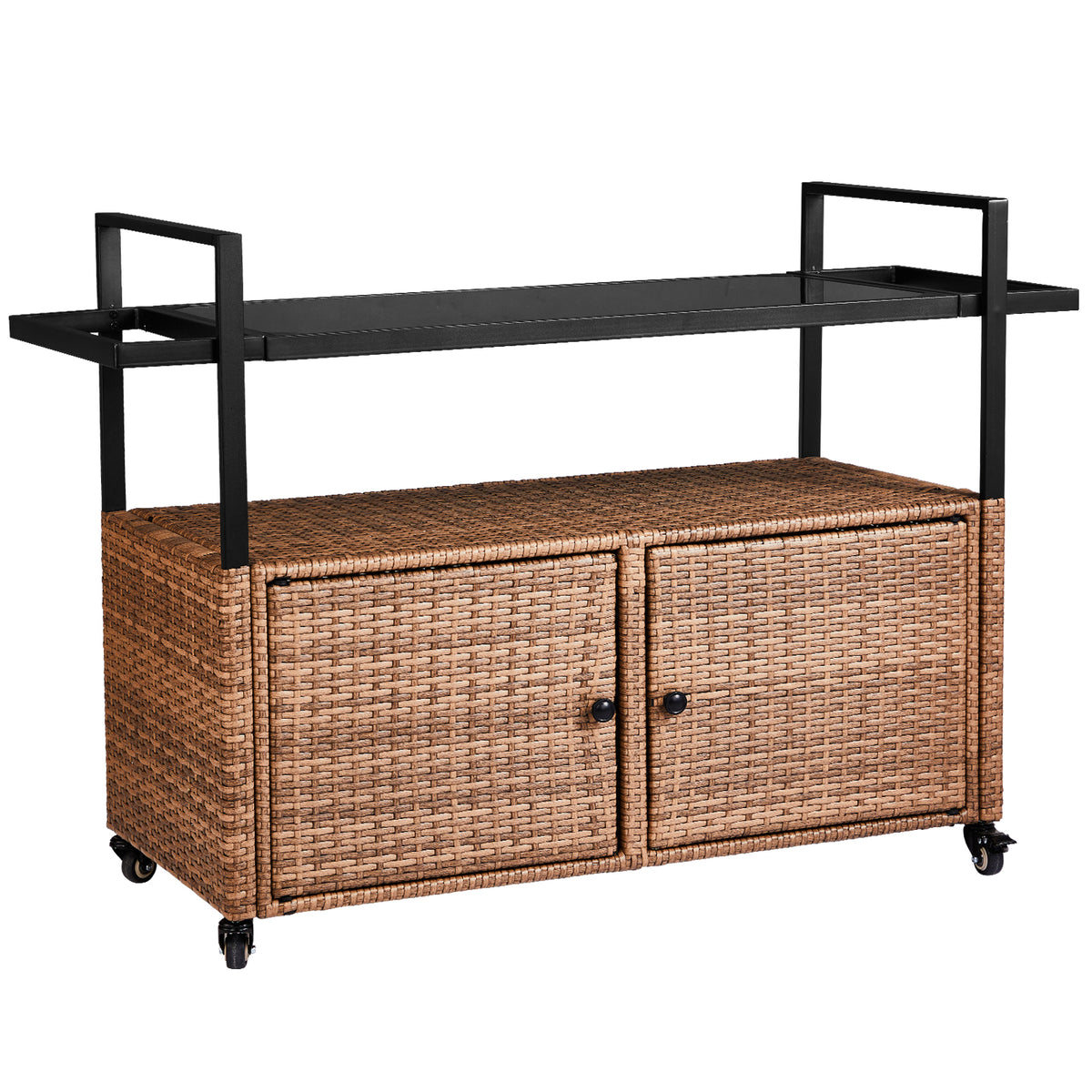 HAOYYE Outdoor Wicker Bar Cart Table Light Brown Rolling Buffet Serving Cart with Glass Top Storage Cabinet and Side Handles Portable Patio Island Cart on Wheels for Porch Backyard Garden Poolside Entertaining