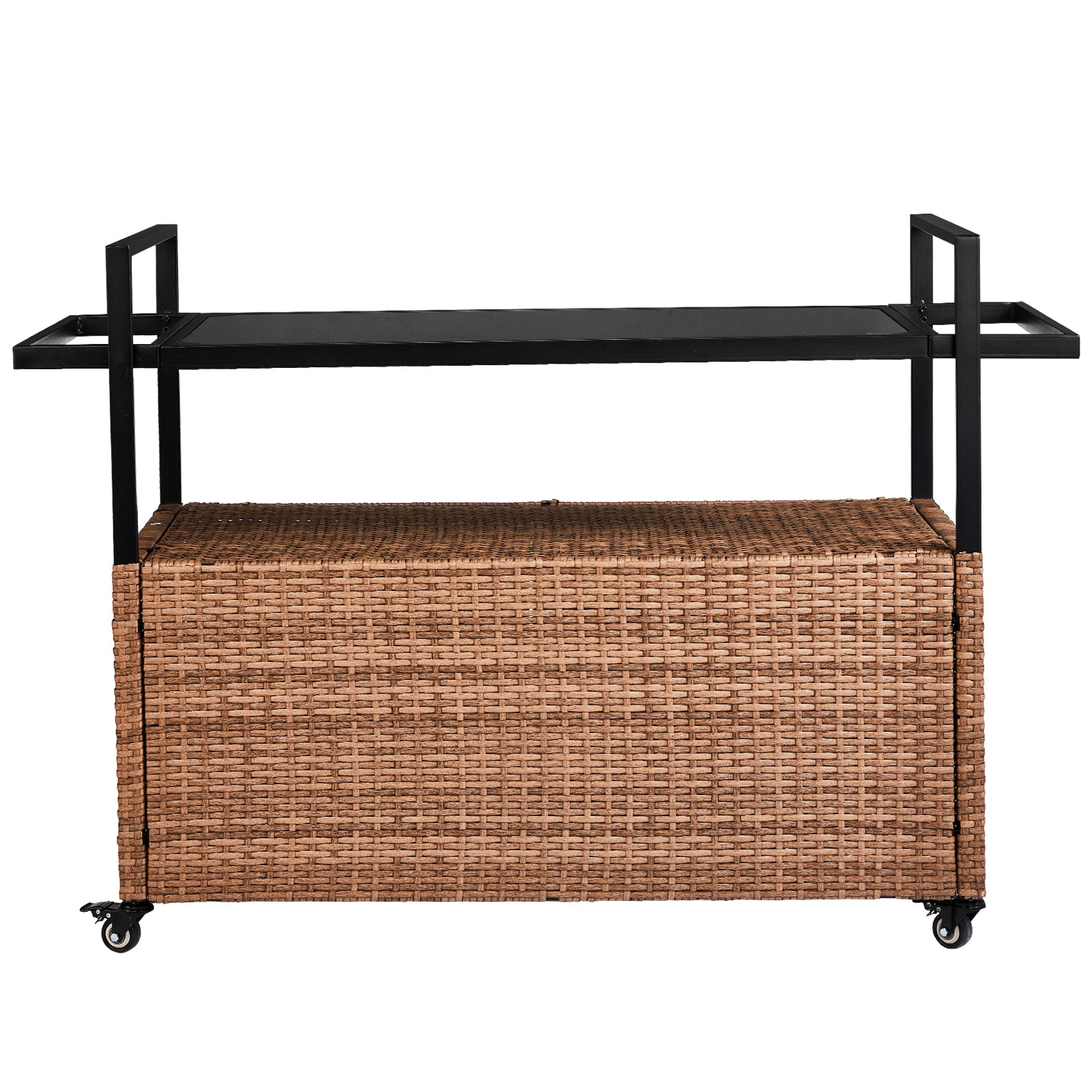 HAOYYE Outdoor Wicker Bar Cart Table Light Brown Rolling Buffet Serving Cart with Glass Top Storage Cabinet and Side Handles Portable Patio Island Cart on Wheels for Porch Backyard Garden Poolside Entertaining