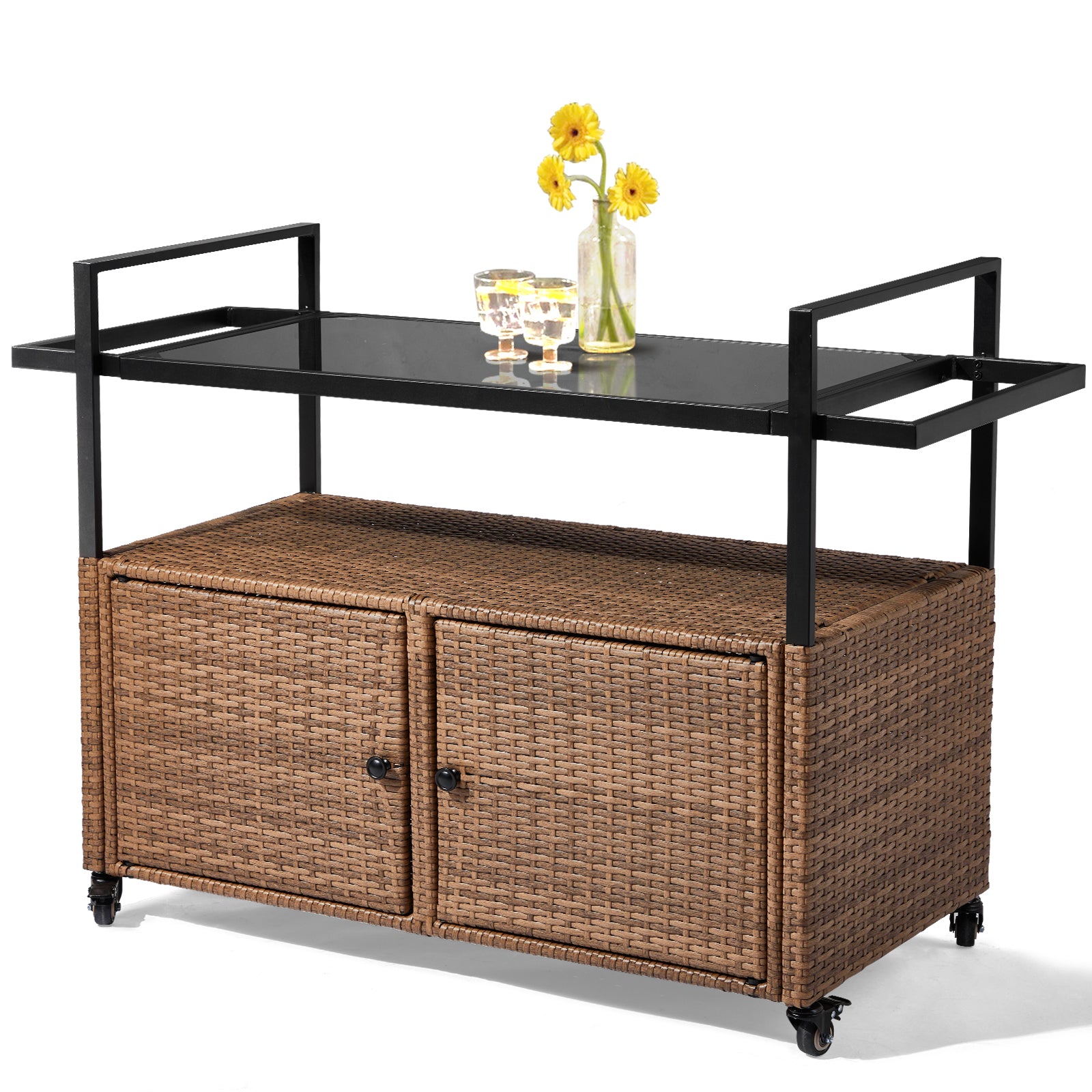 HAOYYE Outdoor Wicker Bar Cart Table Light Brown Rolling Buffet Serving Cart with Glass Top Storage Cabinet and Side Handles Portable Patio Island Cart on Wheels for Porch Backyard Garden Poolside Entertaining