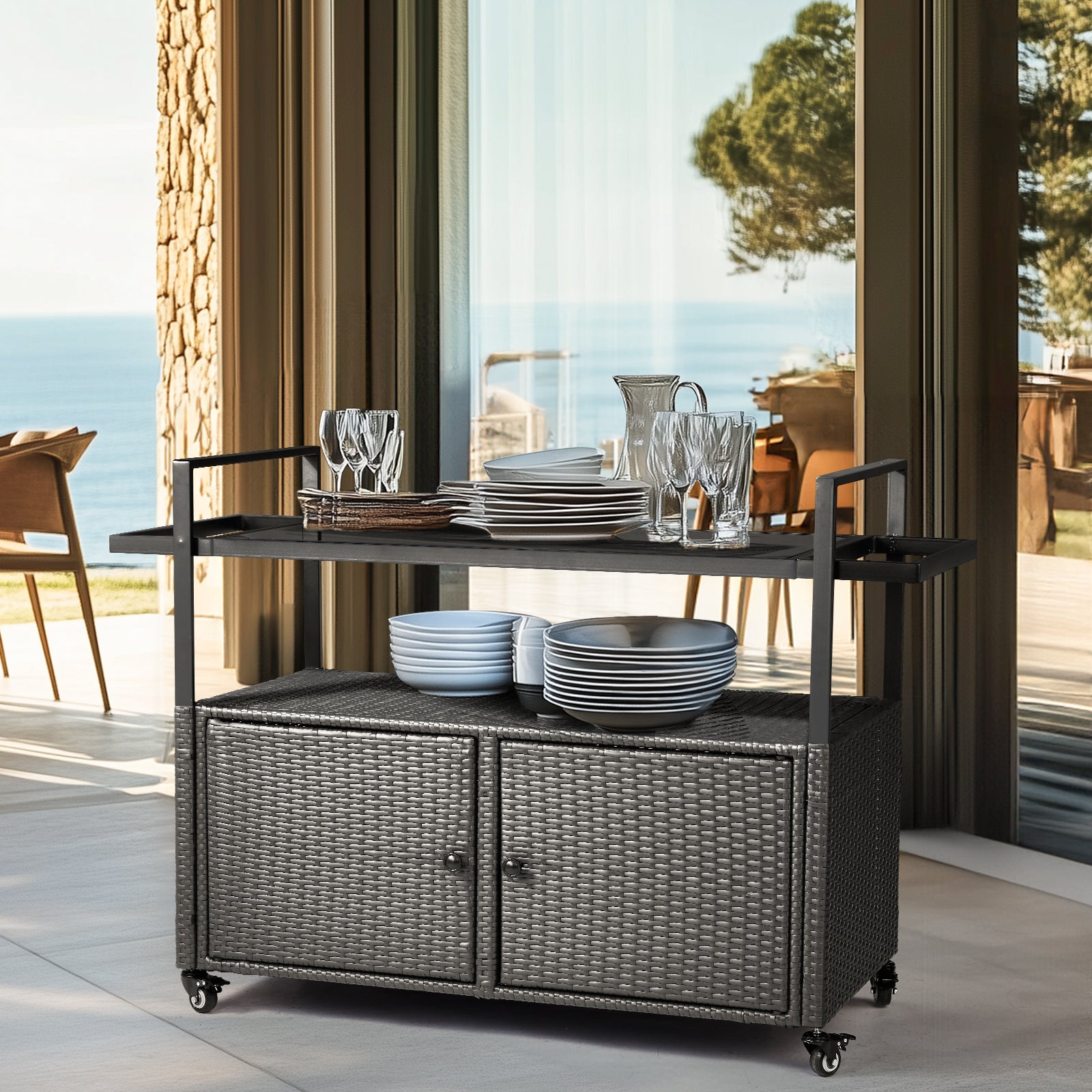 HAOYYE Outdoor Bar Cart Table Black Wicker Rolling Serving Island with Glass Top Storage Cabinet and Handles Portable Buffet Cart with Wheels for Patio Garden Porch Poolside Entertaining