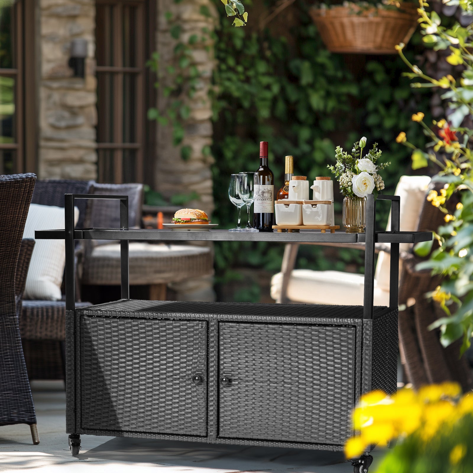 HAOYYE Outdoor Bar Cart Table Black Wicker Rolling Serving Island with Glass Top Storage Cabinet and Handles Portable Buffet Cart with Wheels for Patio Garden Porch Poolside Entertaining
