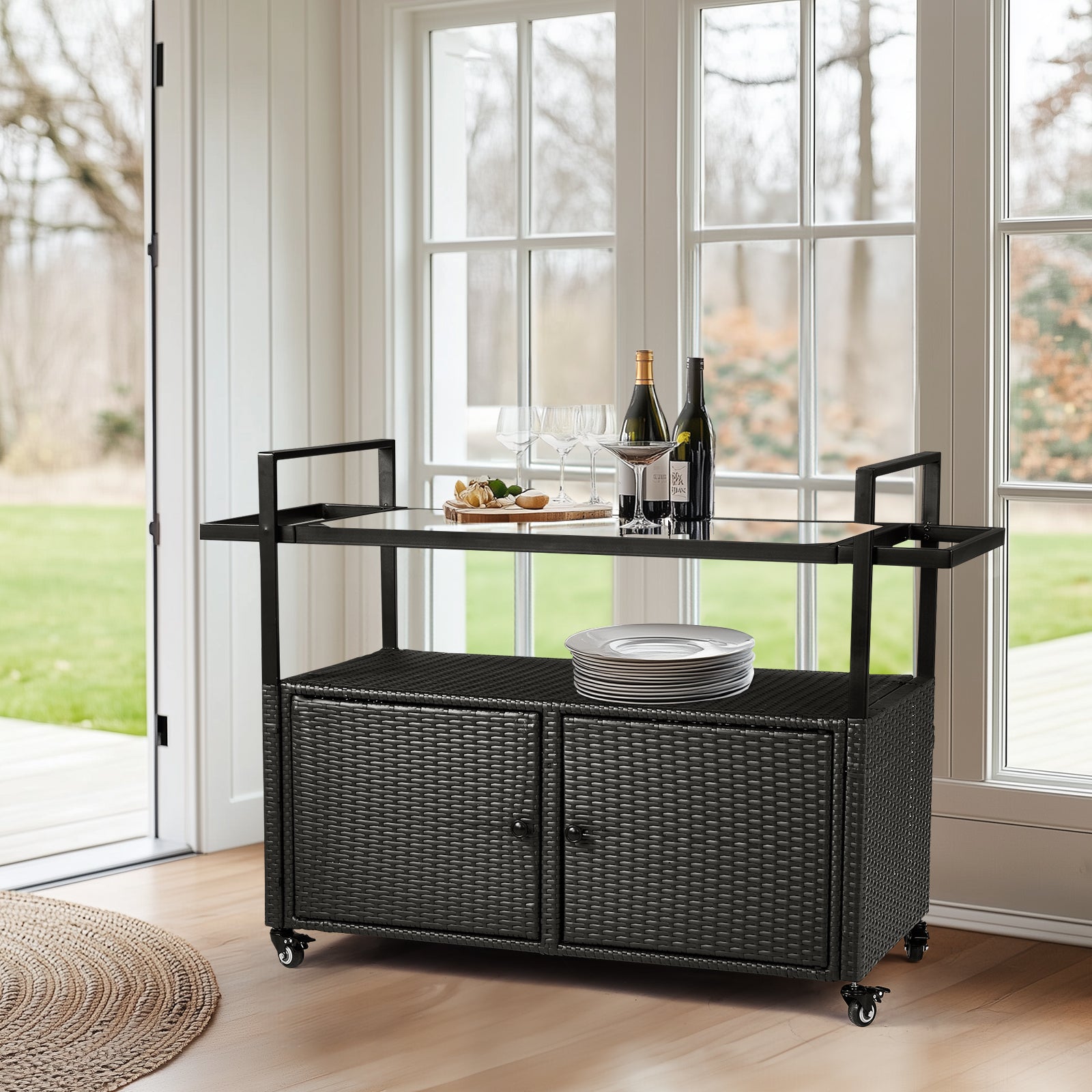 HAOYYE Outdoor Bar Cart Table Black Wicker Rolling Serving Island with Glass Top Storage Cabinet and Handles Portable Buffet Cart with Wheels for Patio Garden Porch Poolside Entertaining