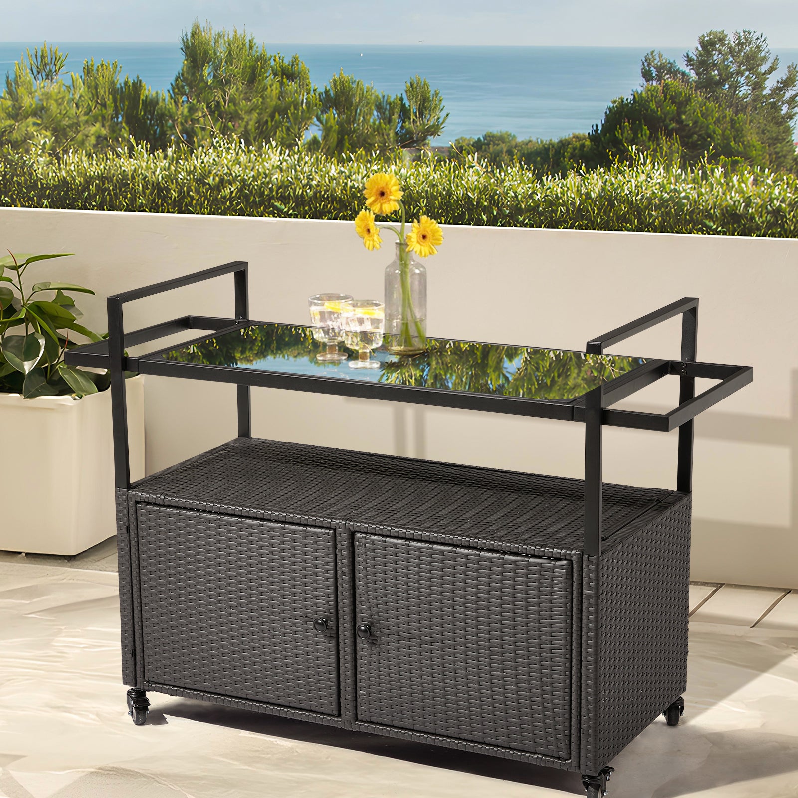 HAOYYE Outdoor Bar Cart Table Black Wicker Rolling Serving Island with Glass Top Storage Cabinet and Handles Portable Buffet Cart with Wheels for Patio Garden Porch Poolside Entertaining