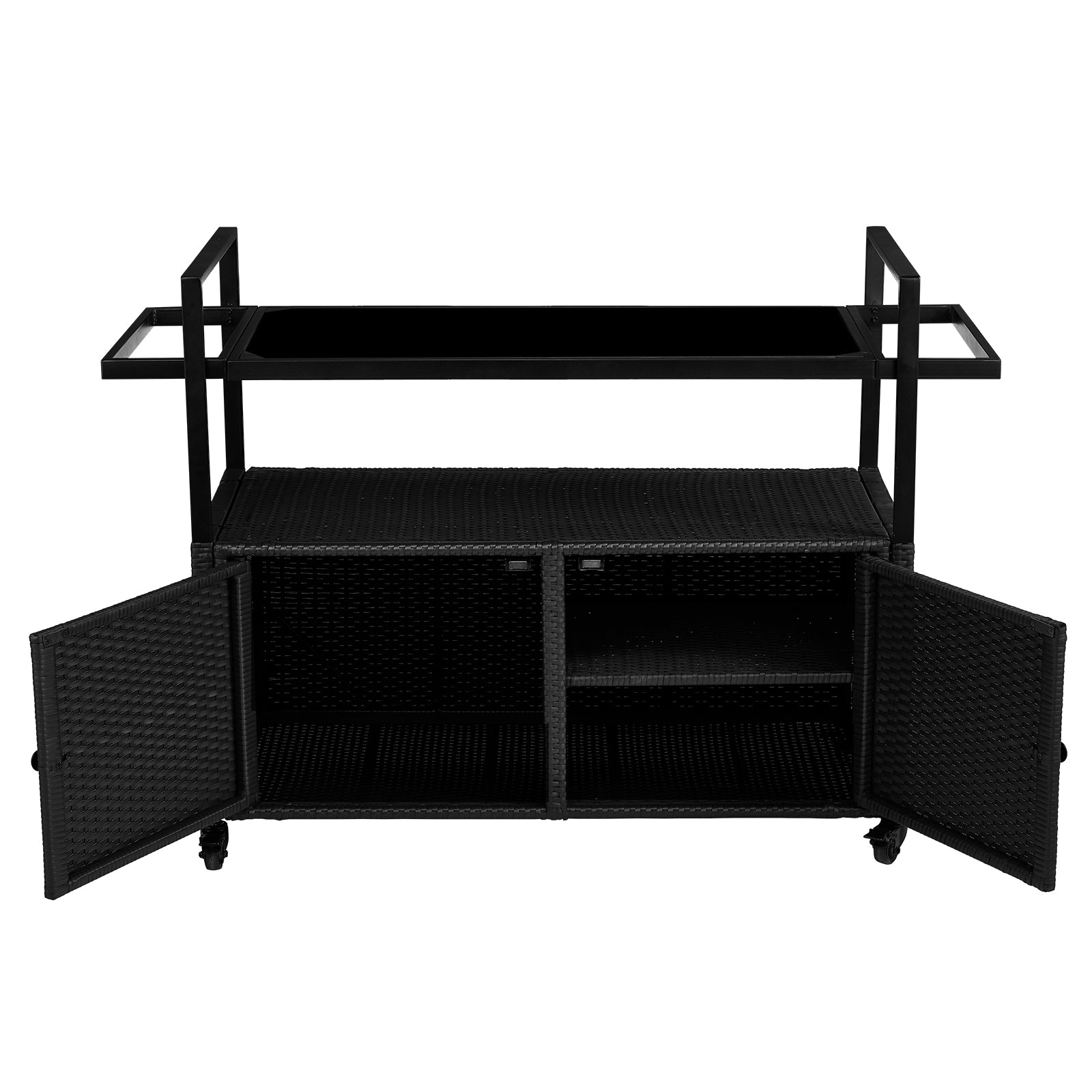 HAOYYE Outdoor Bar Cart Table Black Wicker Rolling Serving Island with Glass Top Storage Cabinet and Handles Portable Buffet Cart with Wheels for Patio Garden Porch Poolside Entertaining