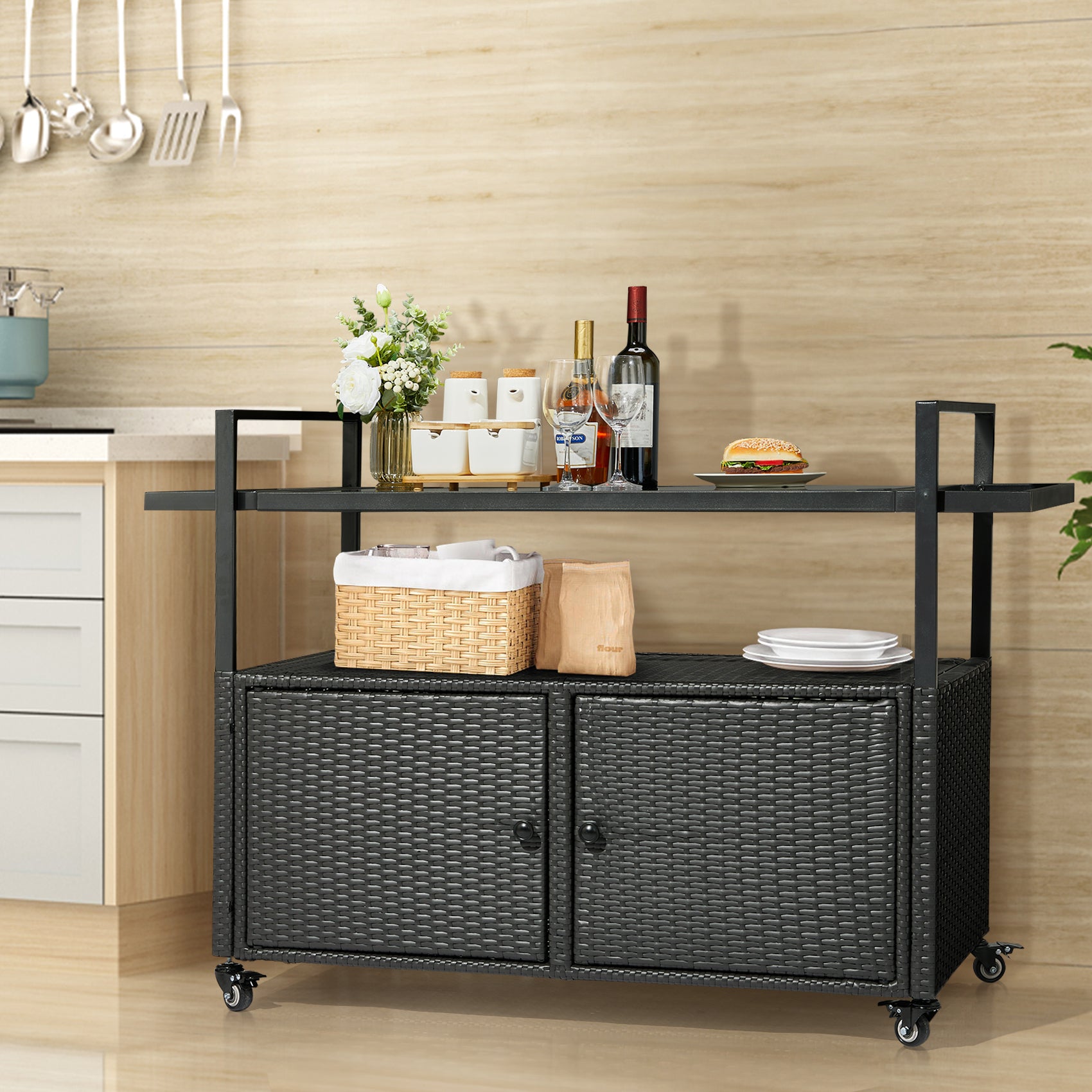 HAOYYE Outdoor Bar Cart Table Black Wicker Rolling Serving Island with Glass Top Storage Cabinet and Handles Portable Buffet Cart with Wheels for Patio Garden Porch Poolside Entertaining