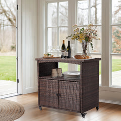 HAOYYE Outdoor Bar Cart with Storage Cabinet and Handles, Patio Wicker Serving Cart Buffet Sideboard with Rolling Wheels, Outdoor Kitchen Prep Table for Garden Deck Porch Poolside Entertaining and Beverage Service