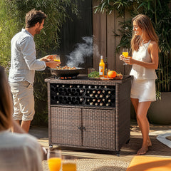 HAOYYE Outdoor Bar Cart with Storage Cabinet and Handles, Patio Wicker Serving Cart Buffet Sideboard with Rolling Wheels, Outdoor Kitchen Prep Table for Garden Deck Porch Poolside Entertaining and Beverage Service