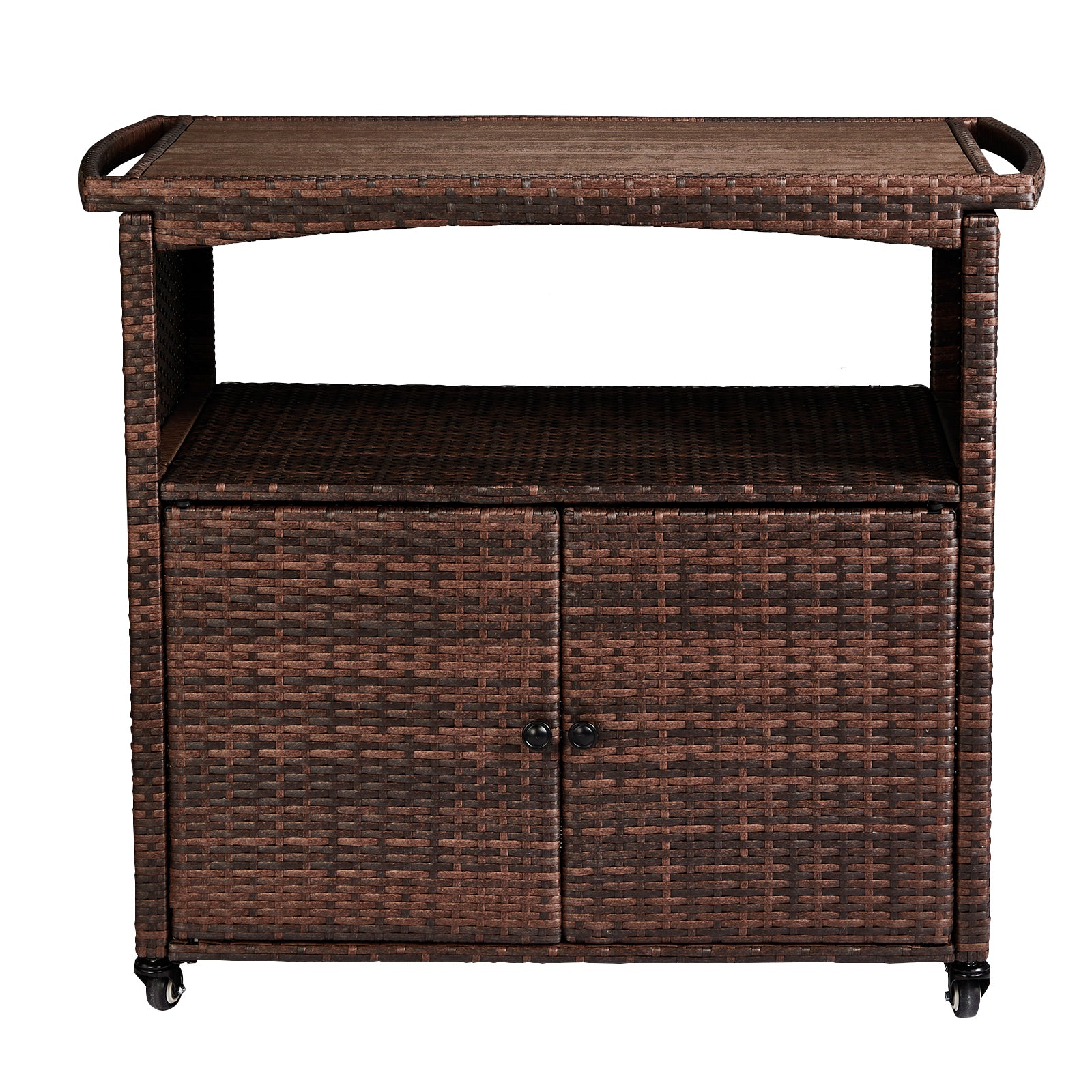 HAOYYE Outdoor Bar Cart with Storage Cabinet and Handles, Patio Wicker Serving Cart Buffet Sideboard with Rolling Wheels, Outdoor Kitchen Prep Table for Garden Deck Porch Poolside Entertaining and Beverage Service