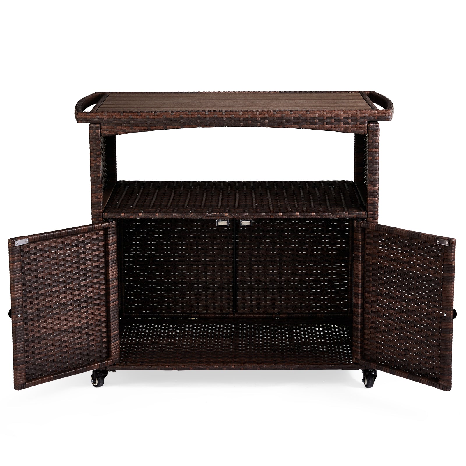 HAOYYE Outdoor Bar Cart with Storage Cabinet and Handles, Patio Wicker Serving Cart Buffet Sideboard with Rolling Wheels, Outdoor Kitchen Prep Table for Garden Deck Porch Poolside Entertaining and Beverage Service