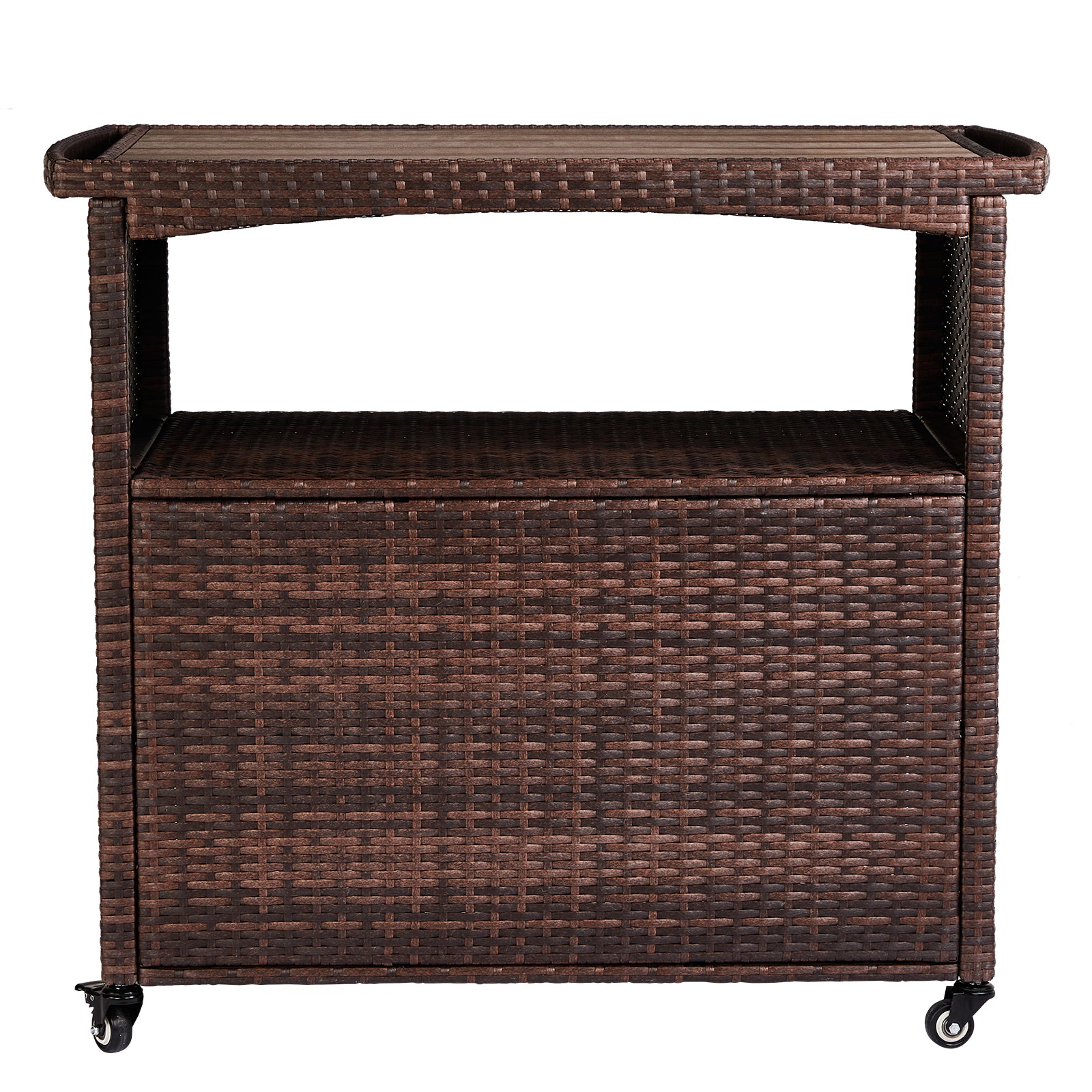 HAOYYE Outdoor Bar Cart with Storage Cabinet and Handles, Patio Wicker Serving Cart Buffet Sideboard with Rolling Wheels, Outdoor Kitchen Prep Table for Garden Deck Porch Poolside Entertaining and Beverage Service