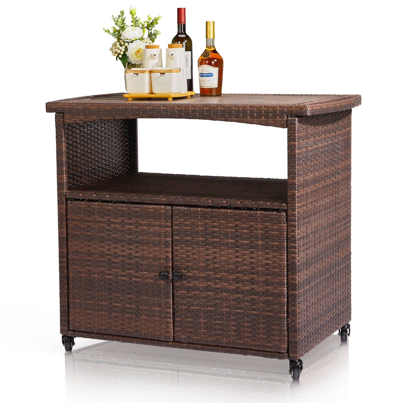 HAOYYE Outdoor Bar Cart with Storage Cabinet and Handles, Patio Wicker Serving Cart Buffet Sideboard with Rolling Wheels, Outdoor Kitchen Prep Table for Garden Deck Porch Poolside Entertaining and Beverage Service