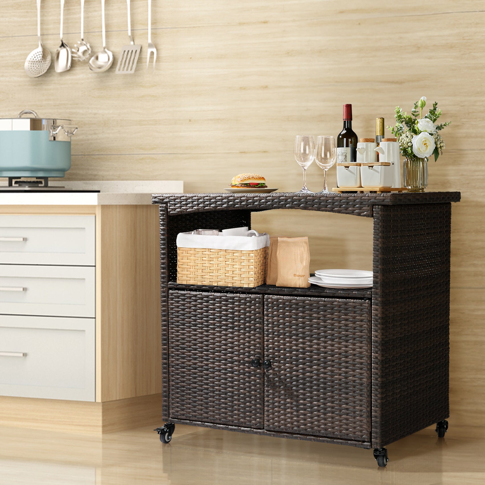 HAOYYE Outdoor Bar Cart with Storage Cabinet and Handles, Patio Wicker Serving Cart Buffet Sideboard with Rolling Wheels, Outdoor Kitchen Prep Table for Garden Deck Porch Poolside Entertaining and Beverage Service