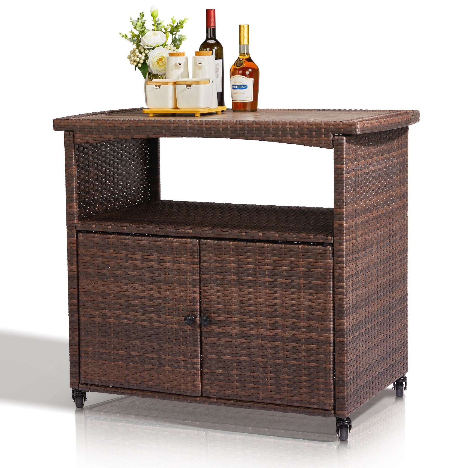 HAOYYE Outdoor Bar Cart with Storage Cabinet and Handles, Patio Wicker Serving Cart Buffet Sideboard with Rolling Wheels, Outdoor Kitchen Prep Table for Garden Deck Porch Poolside Entertaining and Beverage Service