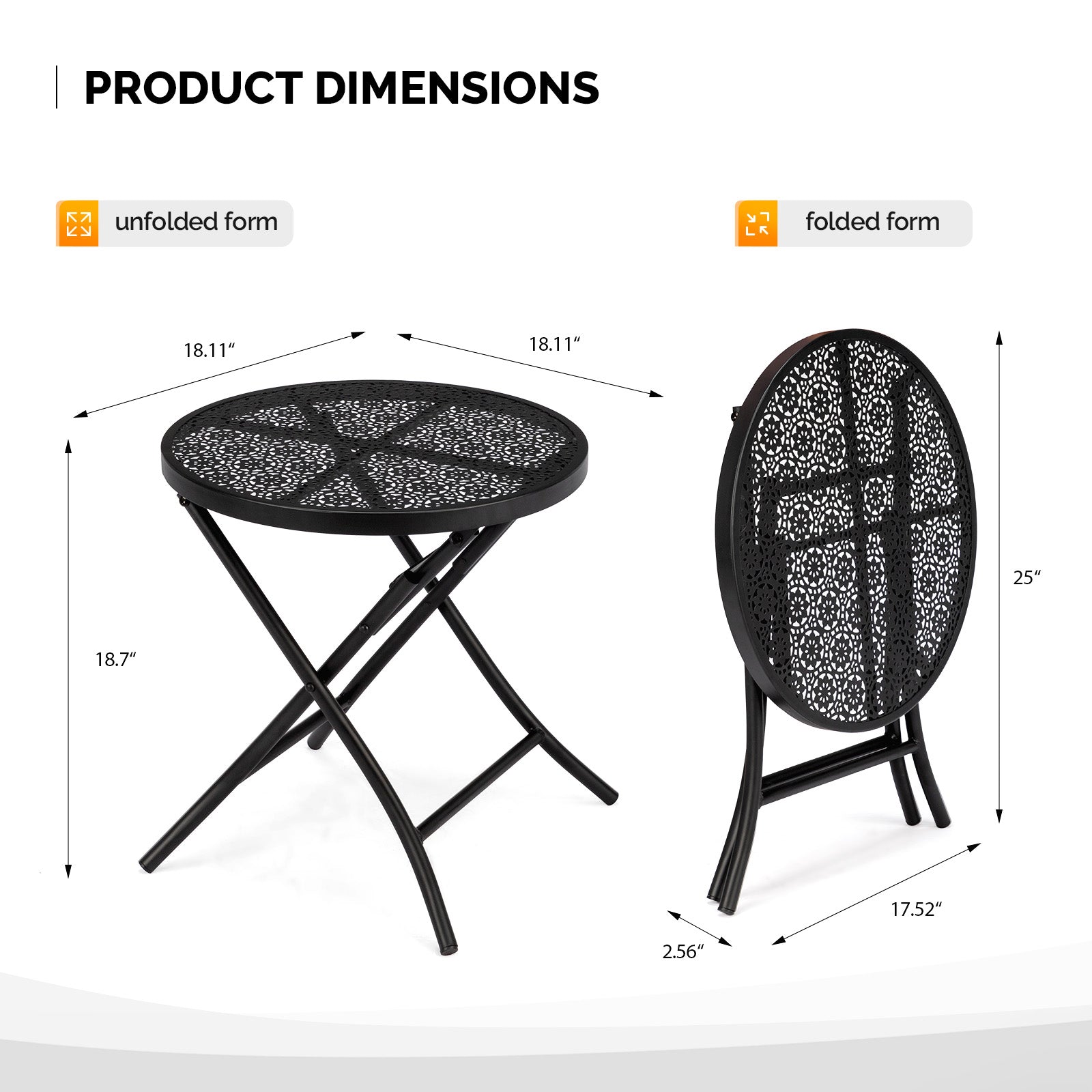 HAOYYE 1PCS Folding Patio Side Table Metal Steel Round Coffee Table with Flower Cutouts Weather-Resistant Outdoor Table for Balcony Garden Yard