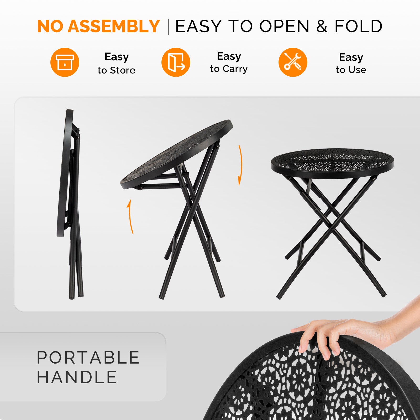 HAOYYE 1PCS Folding Patio Side Table Metal Steel Round Coffee Table with Flower Cutouts Weather-Resistant Outdoor Table for Balcony Garden Yard