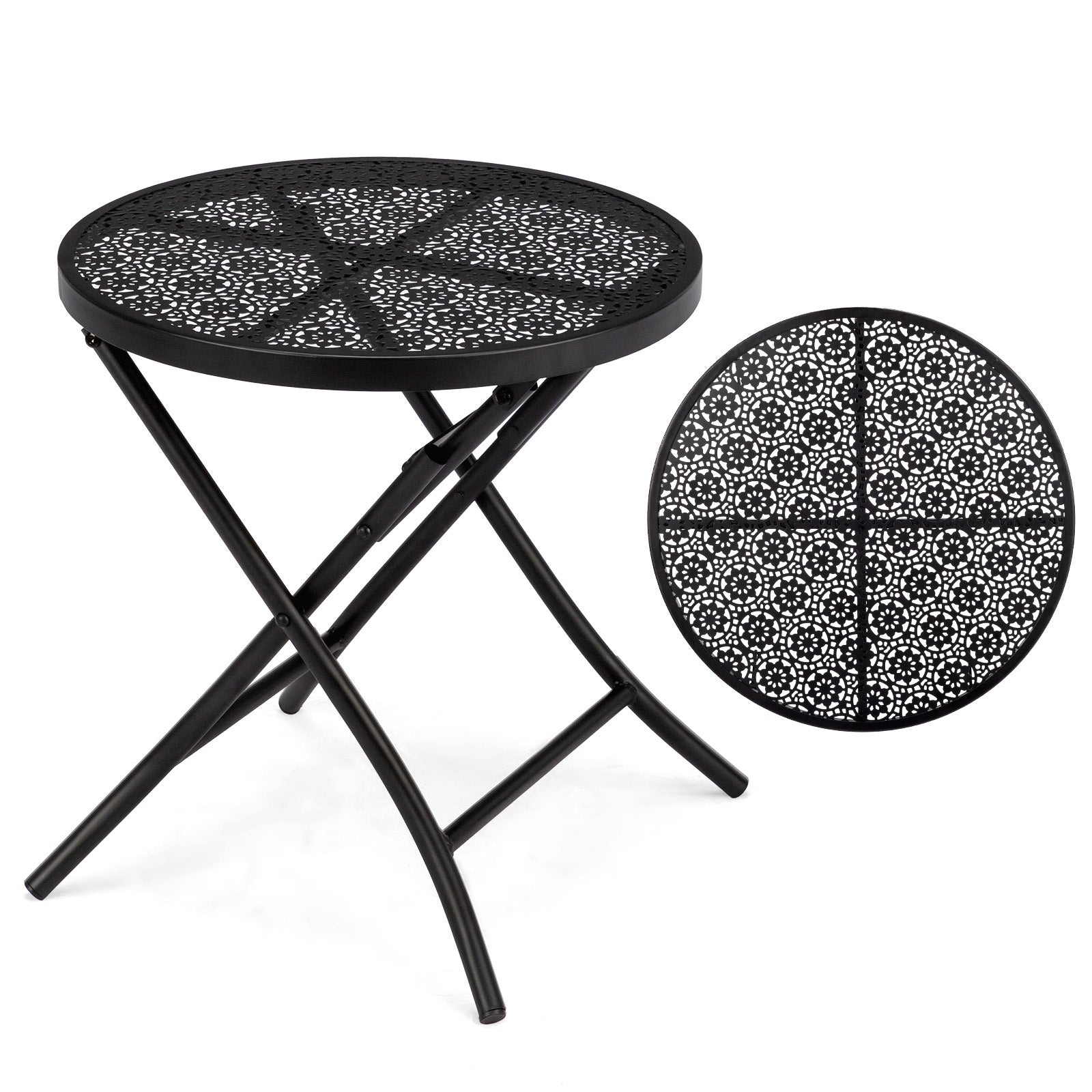 HAOYYE 1PCS Folding Patio Side Table Metal Steel Round Coffee Table with Flower Cutouts Weather-Resistant Outdoor Table for Balcony Garden Yard
