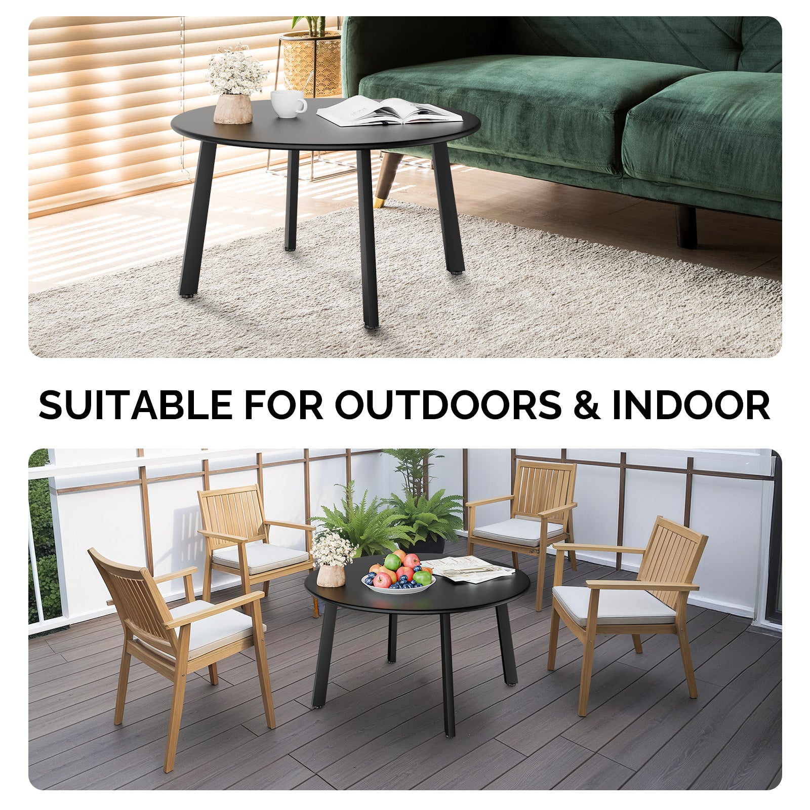 HAOYYE Patio Coffee Table Metal Round Outdoor Side Table Weather-Resistant Steel End Table with Adjustable Feet for Balcony Garden Yard Black Easy Assembly