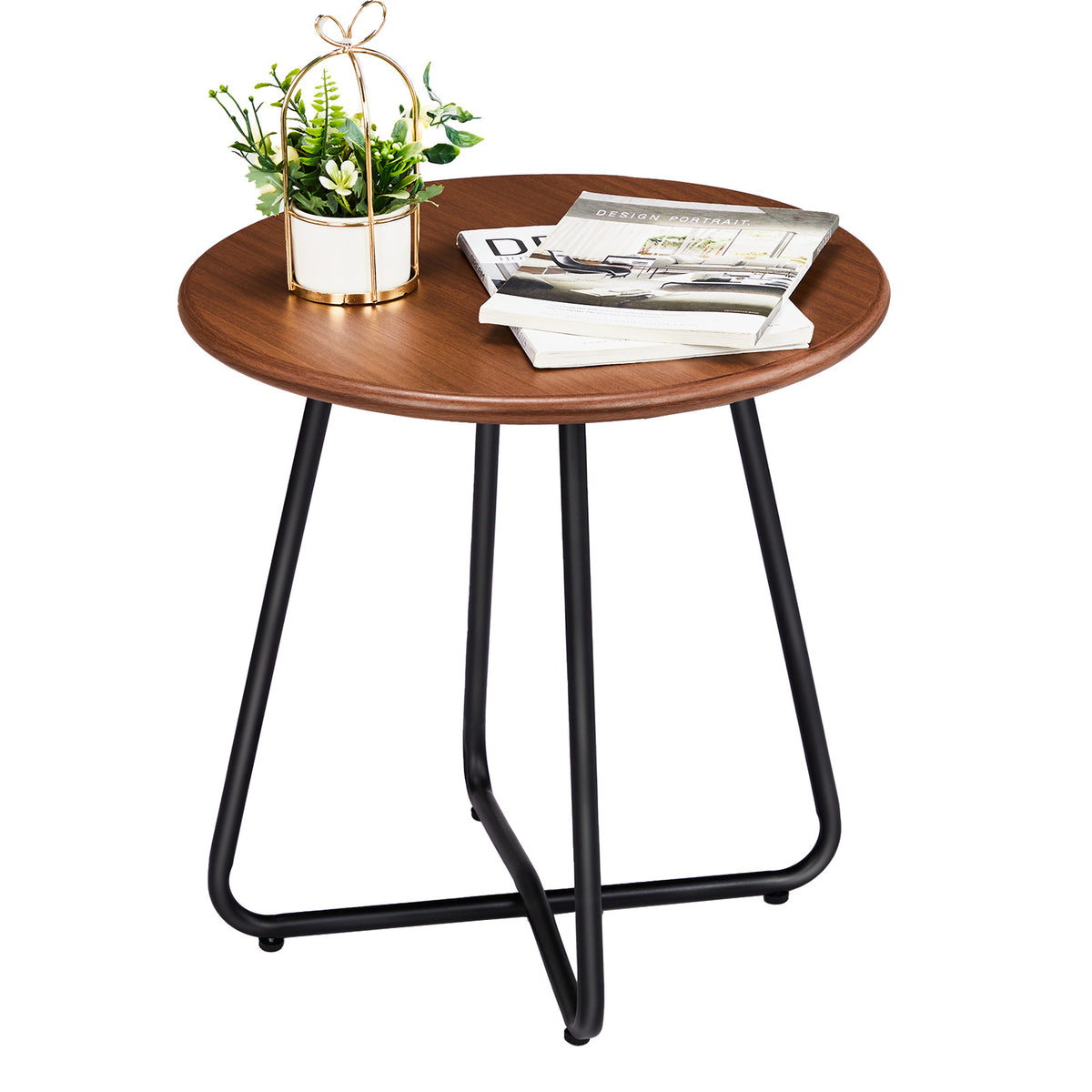 HAOYYE Outdoor Side Table with Imitation Wood Tabletop, Round Weather Resistant Patio End Table for Garden Yard Balcony Porch, Modern Small Outdoor Accent Table with Durable Steel Frame and Adjustable Leveling Feet for Stability