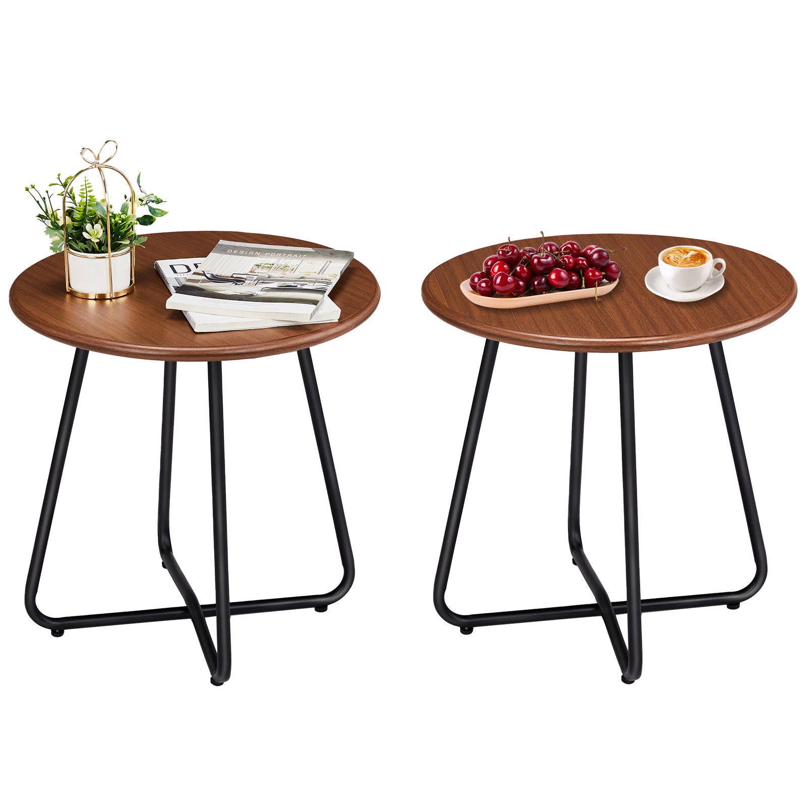 HAOYYE Outdoor Side Table with Imitation Wood Tabletop, Round Weather Resistant Patio End Table for Garden Yard Balcony Porch, Modern Small Outdoor Accent Table with Durable Steel Frame and Adjustable Leveling Feet for Stability