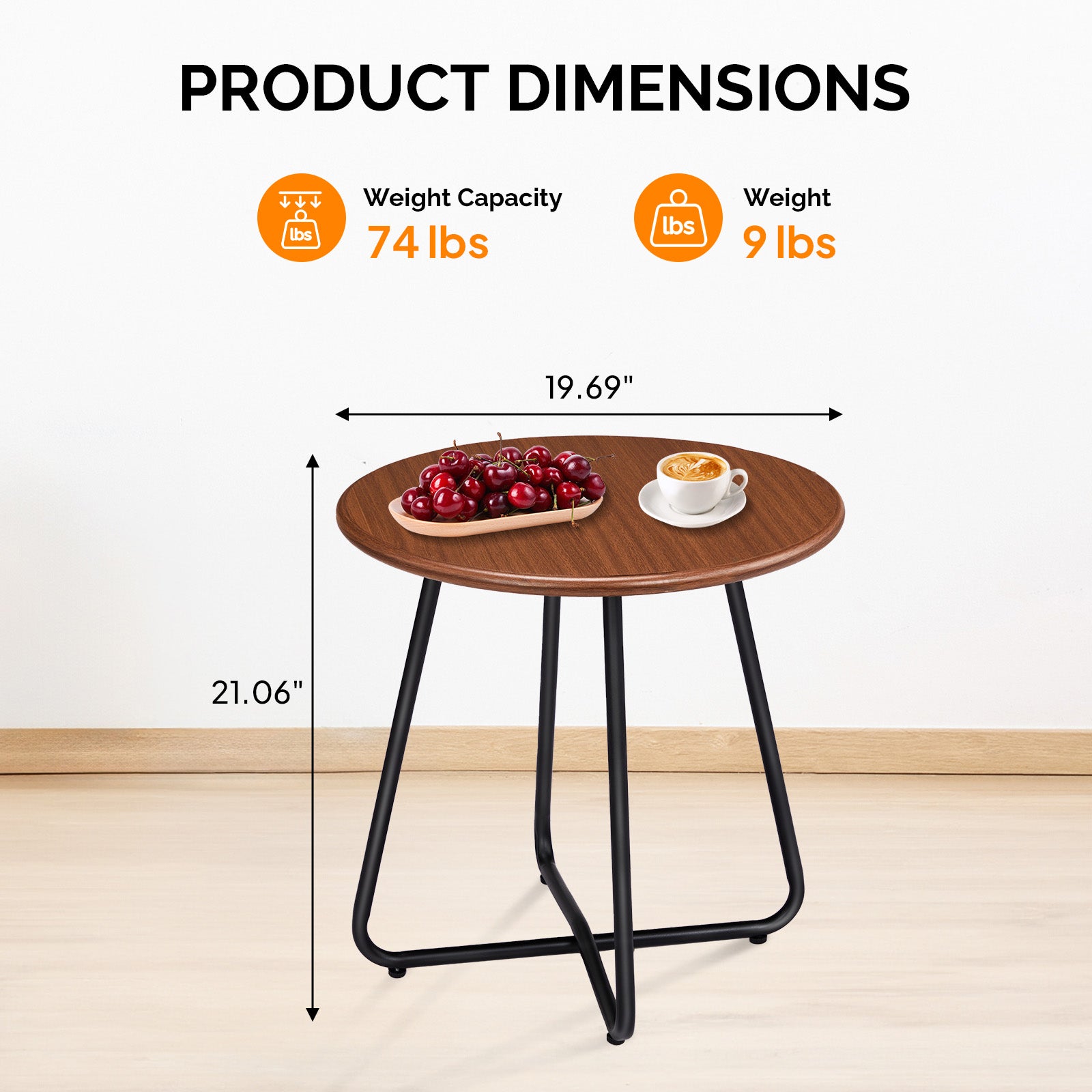 HAOYYE Outdoor Side Table with Imitation Wood Tabletop, Round Weather Resistant Patio End Table for Garden Yard Balcony Porch, Modern Small Outdoor Accent Table with Durable Steel Frame and Adjustable Leveling Feet for Stability