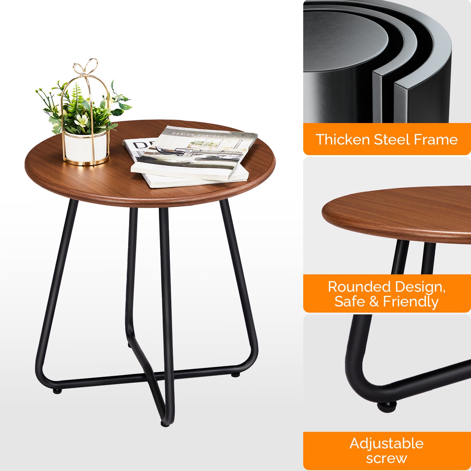 HAOYYE Outdoor Side Table with Imitation Wood Tabletop, Round Weather Resistant Patio End Table for Garden Yard Balcony Porch, Modern Small Outdoor Accent Table with Durable Steel Frame and Adjustable Leveling Feet for Stability