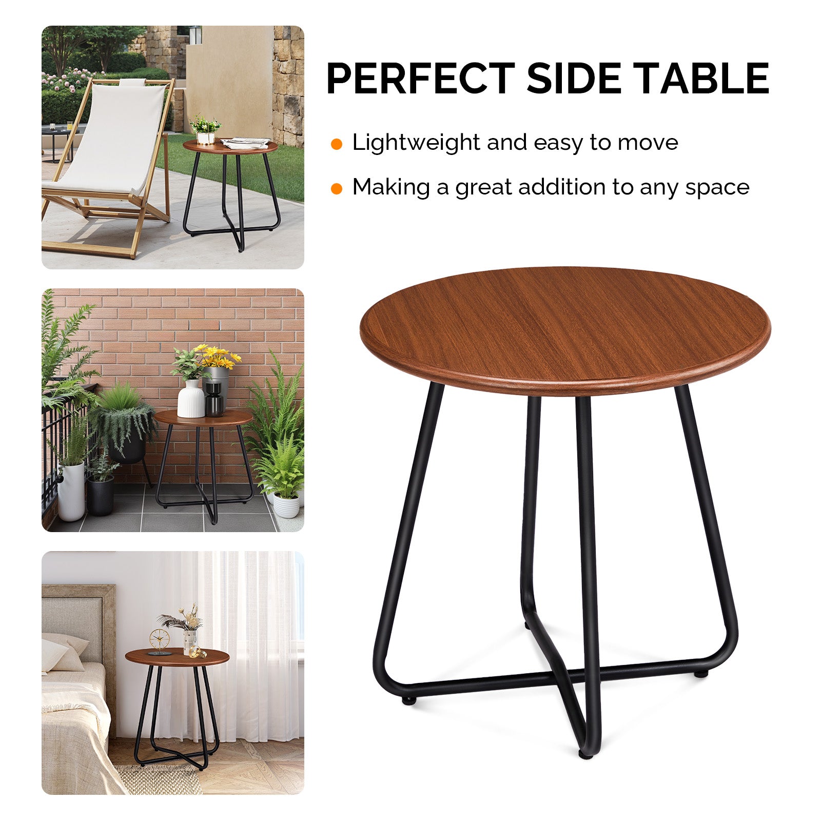 HAOYYE Outdoor Side Table with Imitation Wood Tabletop, Round Weather Resistant Patio End Table for Garden Yard Balcony Porch, Modern Small Outdoor Accent Table with Durable Steel Frame and Adjustable Leveling Feet for Stability