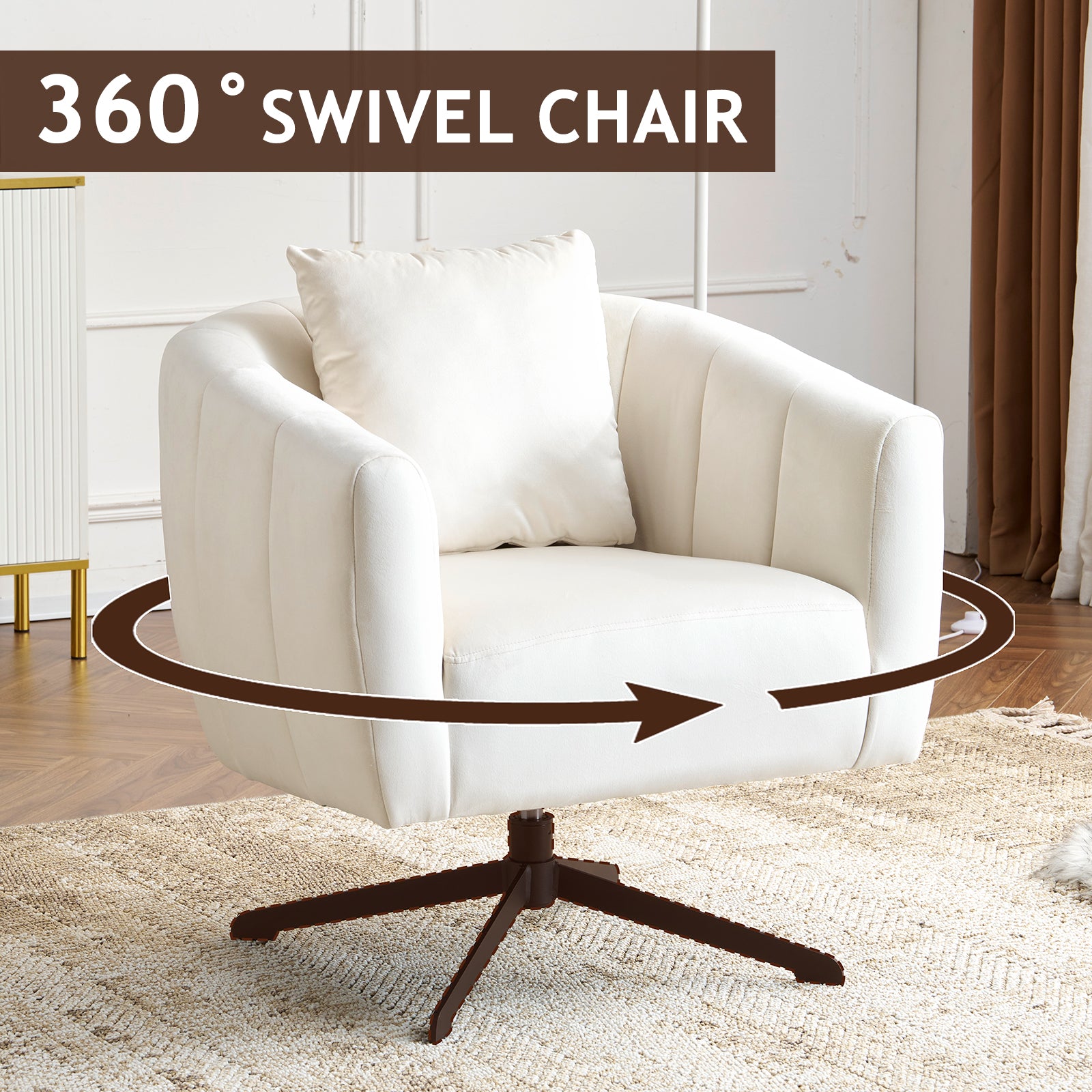 HAOYYE 360° Swivel Accent Chair, Modern Velvet Fabric Armchair, Wide Upholstered Design with Fluffy Cushion and Metal Legs, Comfy Barrel Chair for Living Room, Lounge, and Office, Off-White Finish, Elegant and Stylish Upholstery