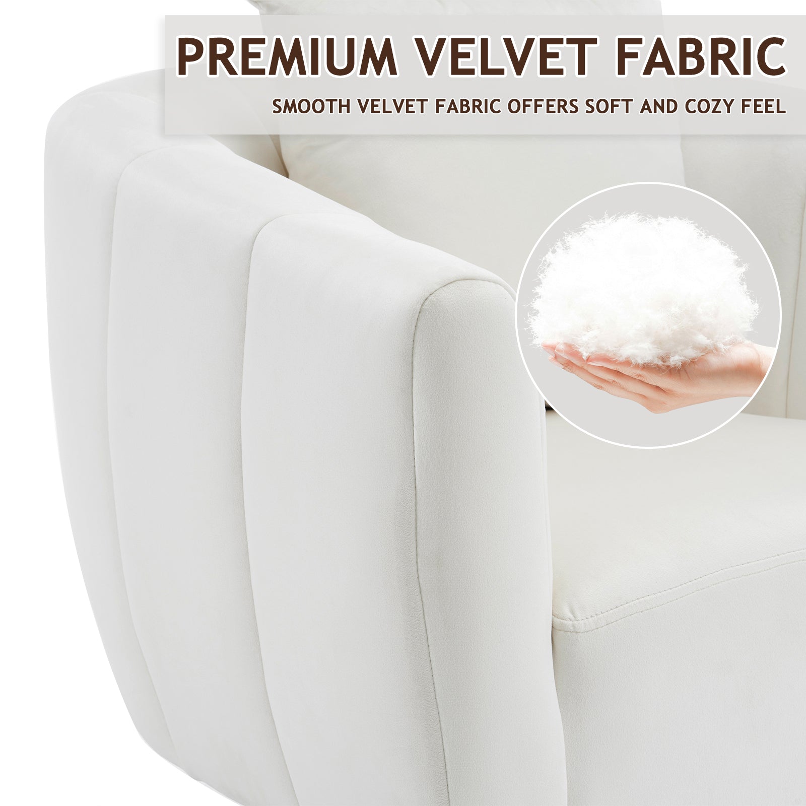 HAOYYE 360° Swivel Accent Chair, Modern Velvet Fabric Armchair, Wide Upholstered Design with Fluffy Cushion and Metal Legs, Comfy Barrel Chair for Living Room, Lounge, and Office, Off-White Finish, Elegant and Stylish Upholstery