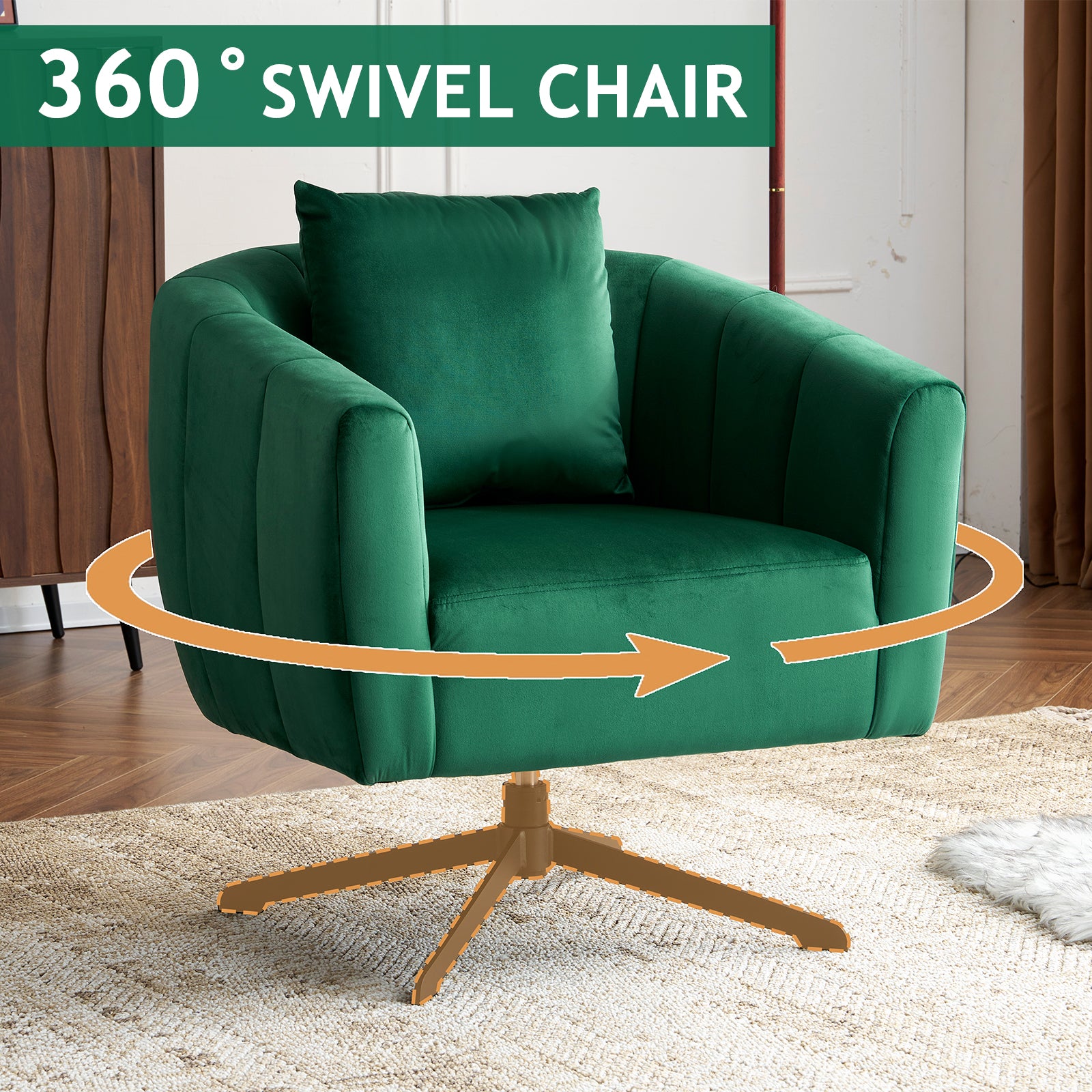 HAOYYE 360° Swivel Accent Chair, Modern Velvet Upholstered Barrel Chair With Fluffy Cushion, Wide Comfy Lounge Armchair For Living Room, Bedroom, Office, Durable Metal Legs, Green, Stylish & Cozy