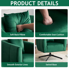 HAOYYE 360° Swivel Accent Chair, Modern Velvet Upholstered Barrel Chair With Fluffy Cushion, Wide Comfy Lounge Armchair For Living Room, Bedroom, Office, Durable Metal Legs, Green, Stylish & Cozy