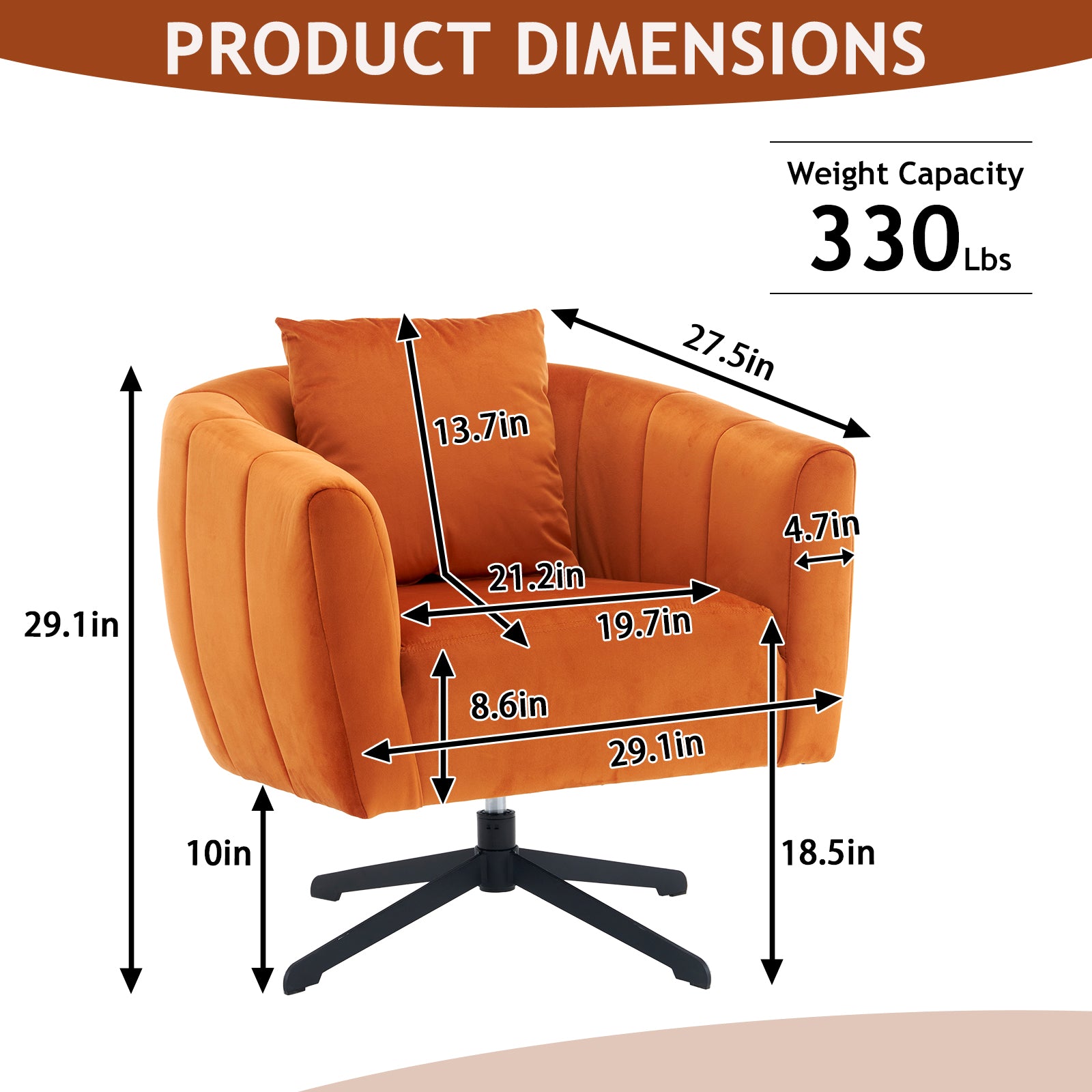 HAOYYE 360° Swivel Accent Chair, Modern Velvet Fabric Armchair, Wide Upholstered Design with Fluffy Cushion and Metal Legs, Comfortable Barrel Chair for Living Room, Lounge, and Office, Burnt Orange Finish, Stylish and Elegant Upholstery