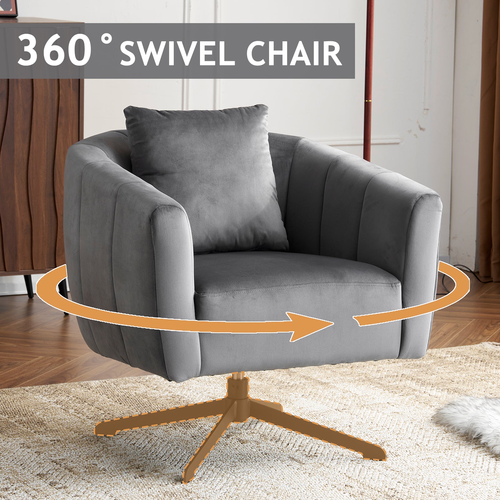 HAOYYE 360° Swivel Accent Chair  Modern Velvet Fabric Upholstered Barre Chair  Comfy Wide Armchair With Fluffy Cushion  Metal Legs  Ideal For Living Room, Lounge, Or Office  Stylish, Soft & Cozy Gray