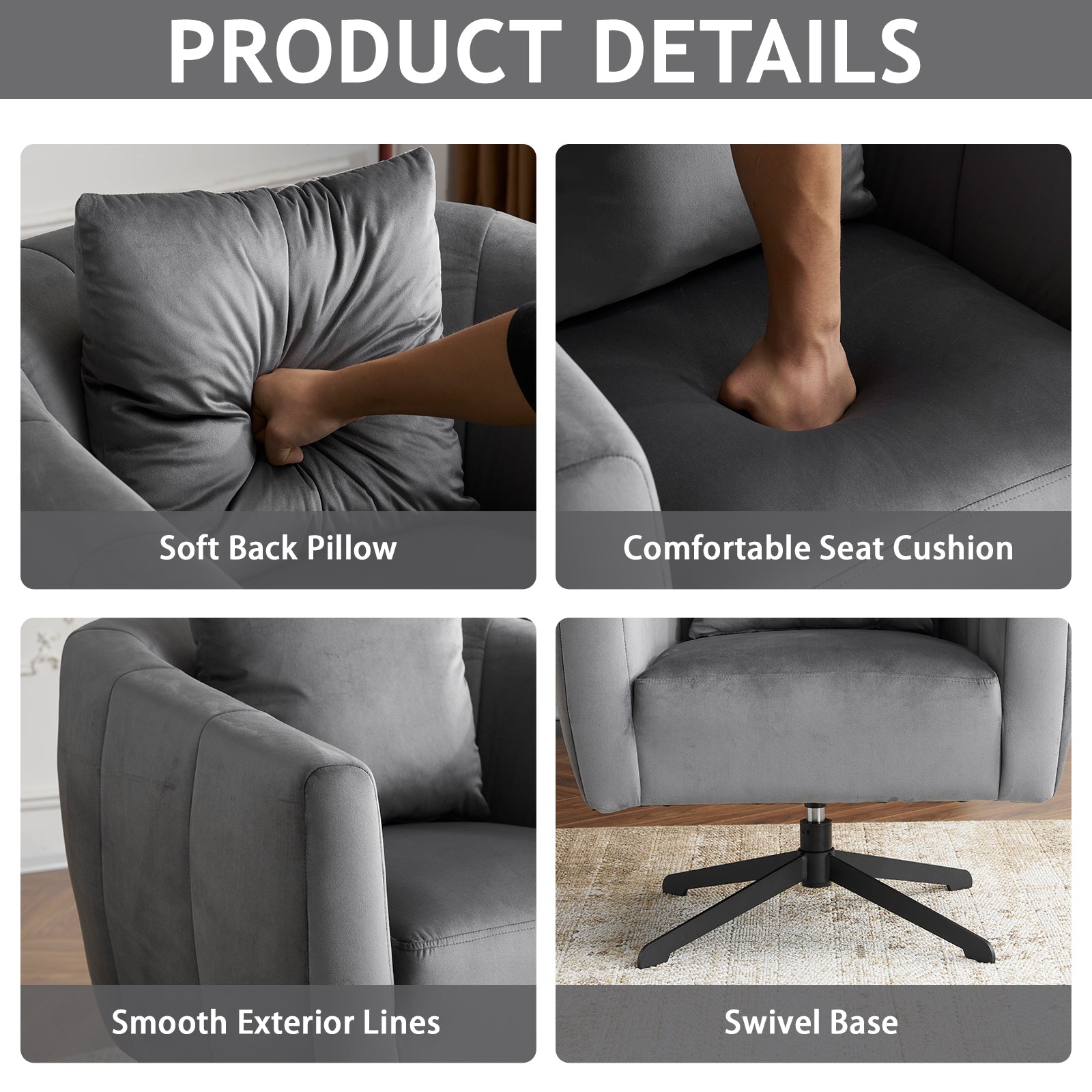 HAOYYE 360° Swivel Accent Chair  Modern Velvet Fabric Upholstered Barre Chair  Comfy Wide Armchair With Fluffy Cushion  Metal Legs  Ideal For Living Room, Lounge, Or Office  Stylish, Soft & Cozy Gray