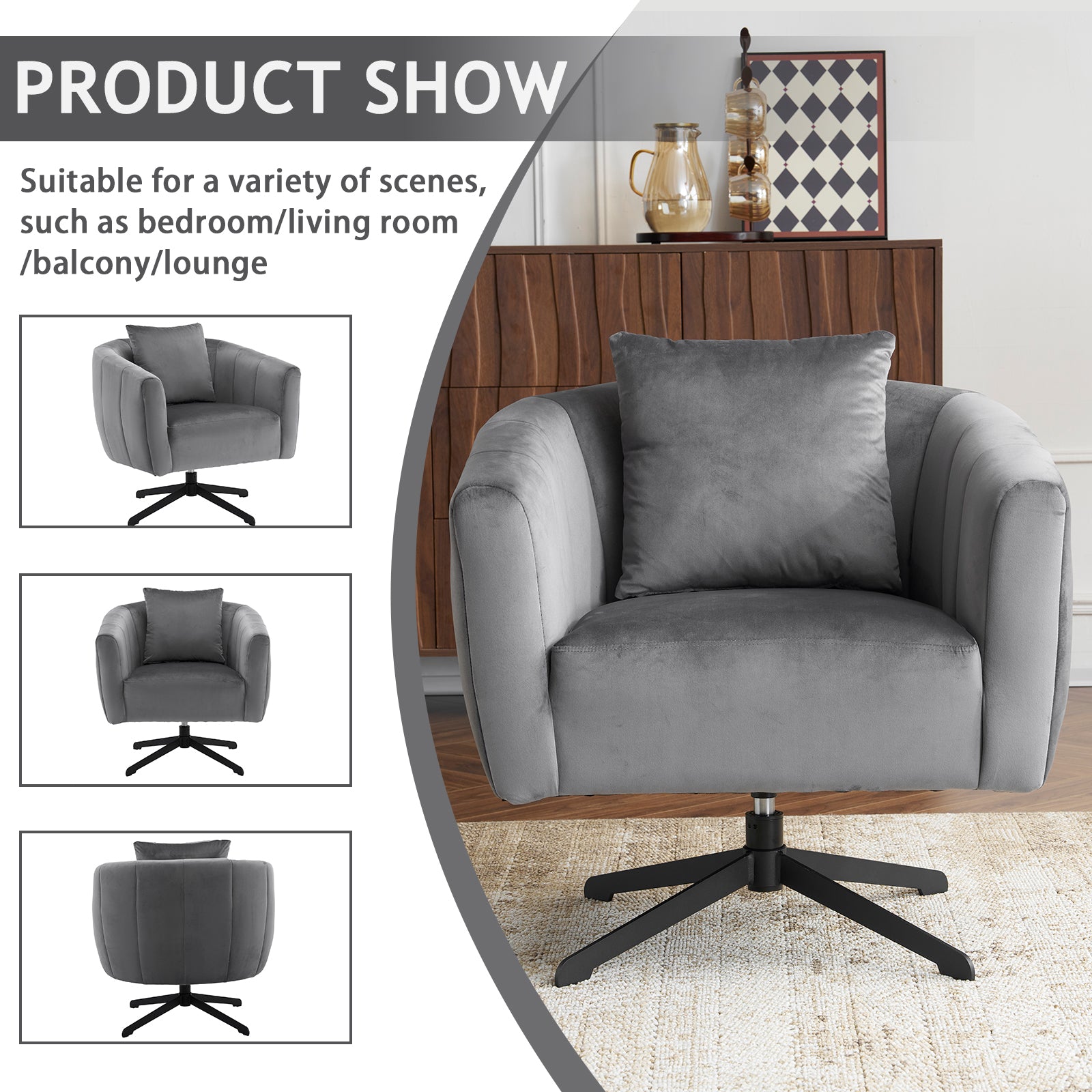 HAOYYE 360° Swivel Accent Chair  Modern Velvet Fabric Upholstered Barre Chair  Comfy Wide Armchair With Fluffy Cushion  Metal Legs  Ideal For Living Room, Lounge, Or Office  Stylish, Soft & Cozy Gray