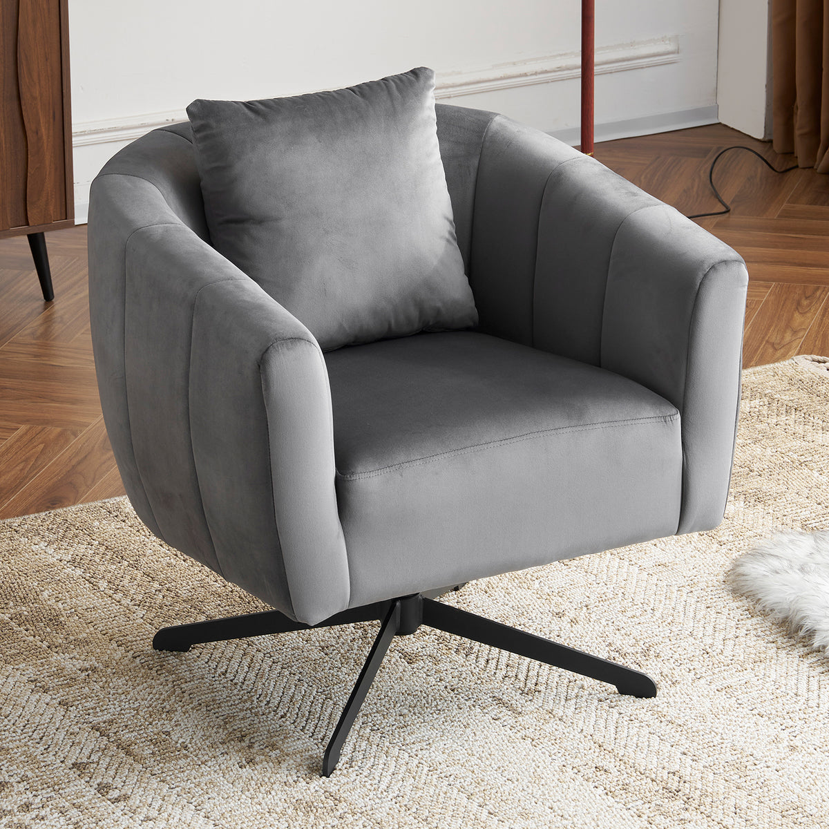 HAOYYE 360° Swivel Accent Chair  Modern Velvet Fabric Upholstered Barre Chair  Comfy Wide Armchair With Fluffy Cushion  Metal Legs  Ideal For Living Room, Lounge, Or Office  Stylish, Soft & Cozy Gray