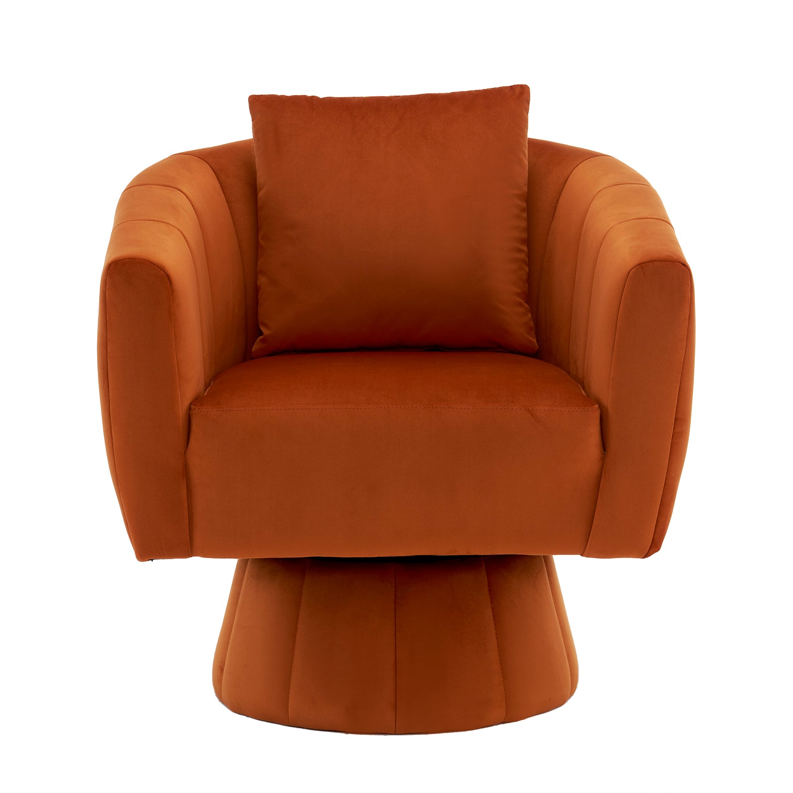 Optimized Title: HAOYYE 360° Swivel Accent Chair, Modern Velvet Upholstered Living Room Armchair, Comfortable Wide Seat with Fluffy Cushions, Stylish Barrel Chair for Bedroom, Lounge, Office, Burnt Orange.