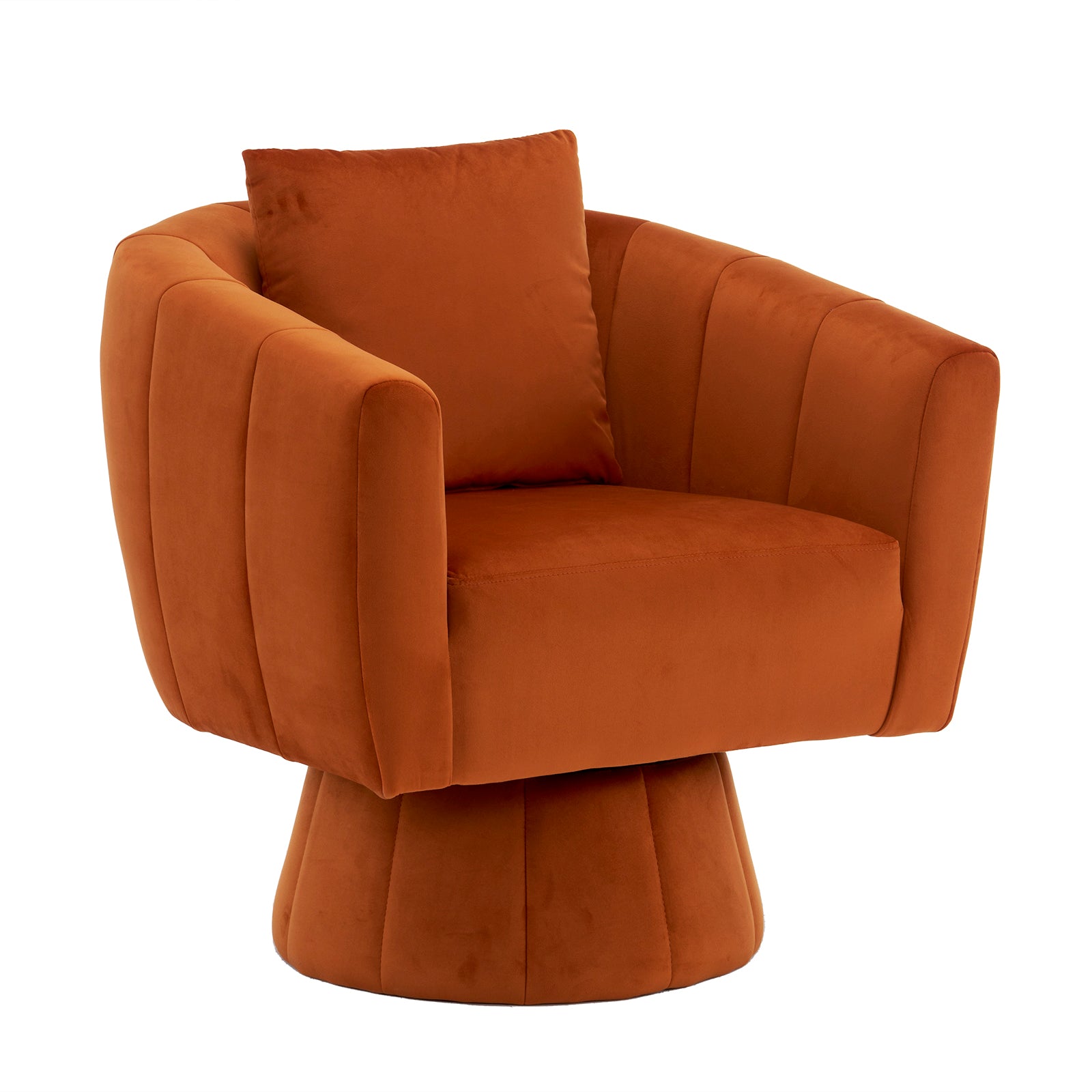 Optimized Title: HAOYYE 360° Swivel Accent Chair, Modern Velvet Upholstered Living Room Armchair, Comfortable Wide Seat with Fluffy Cushions, Stylish Barrel Chair for Bedroom, Lounge, Office, Burnt Orange.
