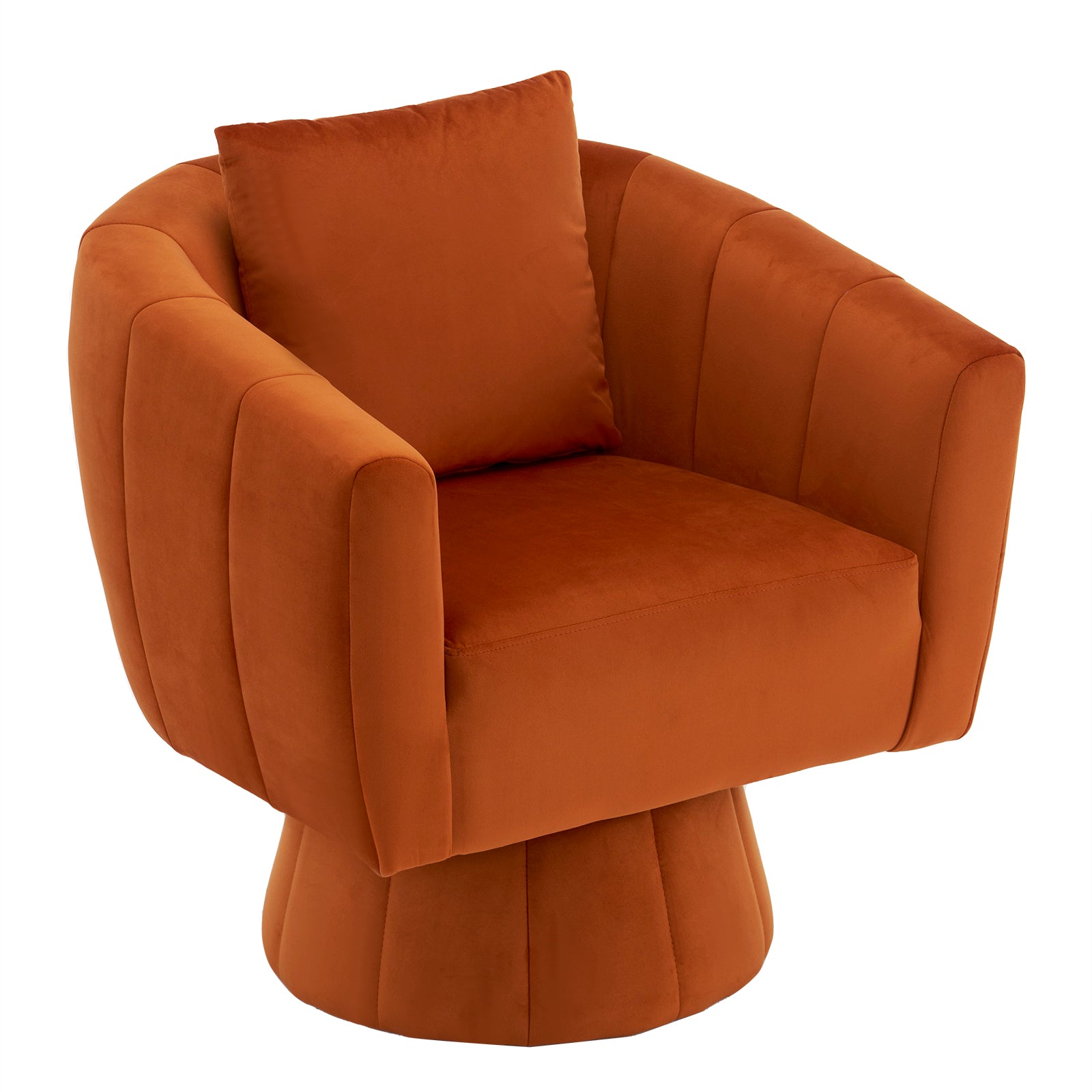 Optimized Title: HAOYYE 360° Swivel Accent Chair, Modern Velvet Upholstered Living Room Armchair, Comfortable Wide Seat with Fluffy Cushions, Stylish Barrel Chair for Bedroom, Lounge, Office, Burnt Orange.