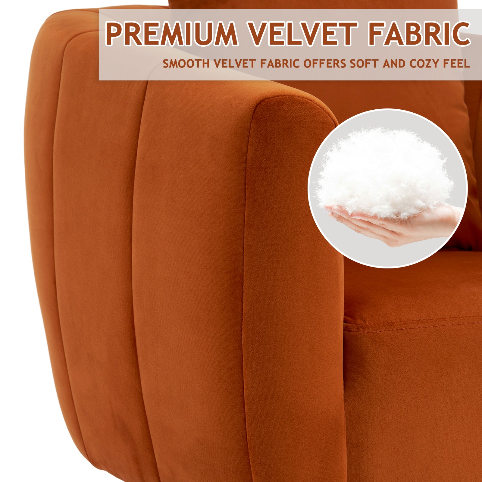 Optimized Title: HAOYYE 360° Swivel Accent Chair, Modern Velvet Upholstered Living Room Armchair, Comfortable Wide Seat with Fluffy Cushions, Stylish Barrel Chair for Bedroom, Lounge, Office, Burnt Orange.