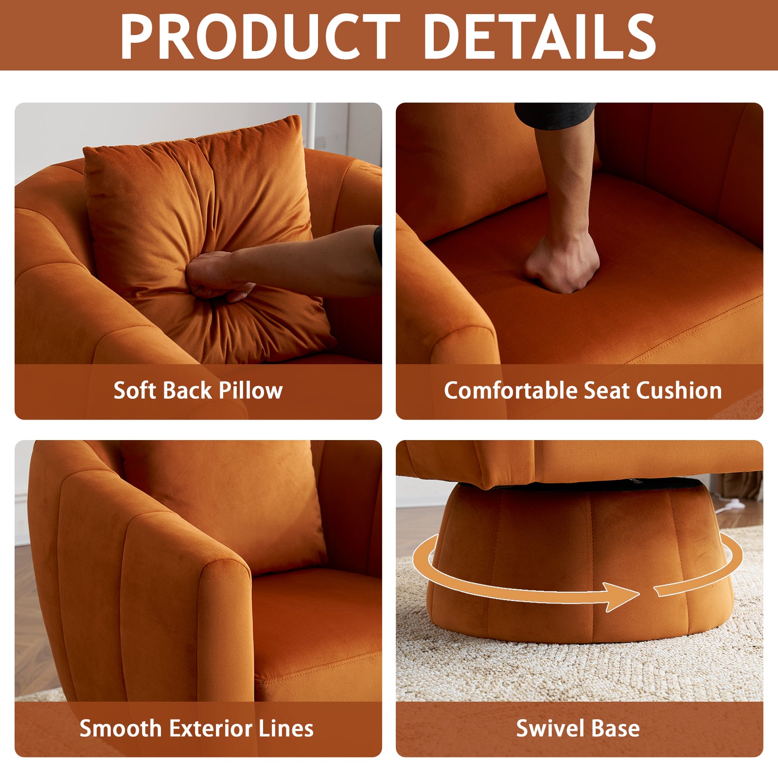 Optimized Title: HAOYYE 360° Swivel Accent Chair, Modern Velvet Upholstered Living Room Armchair, Comfortable Wide Seat with Fluffy Cushions, Stylish Barrel Chair for Bedroom, Lounge, Office, Burnt Orange.