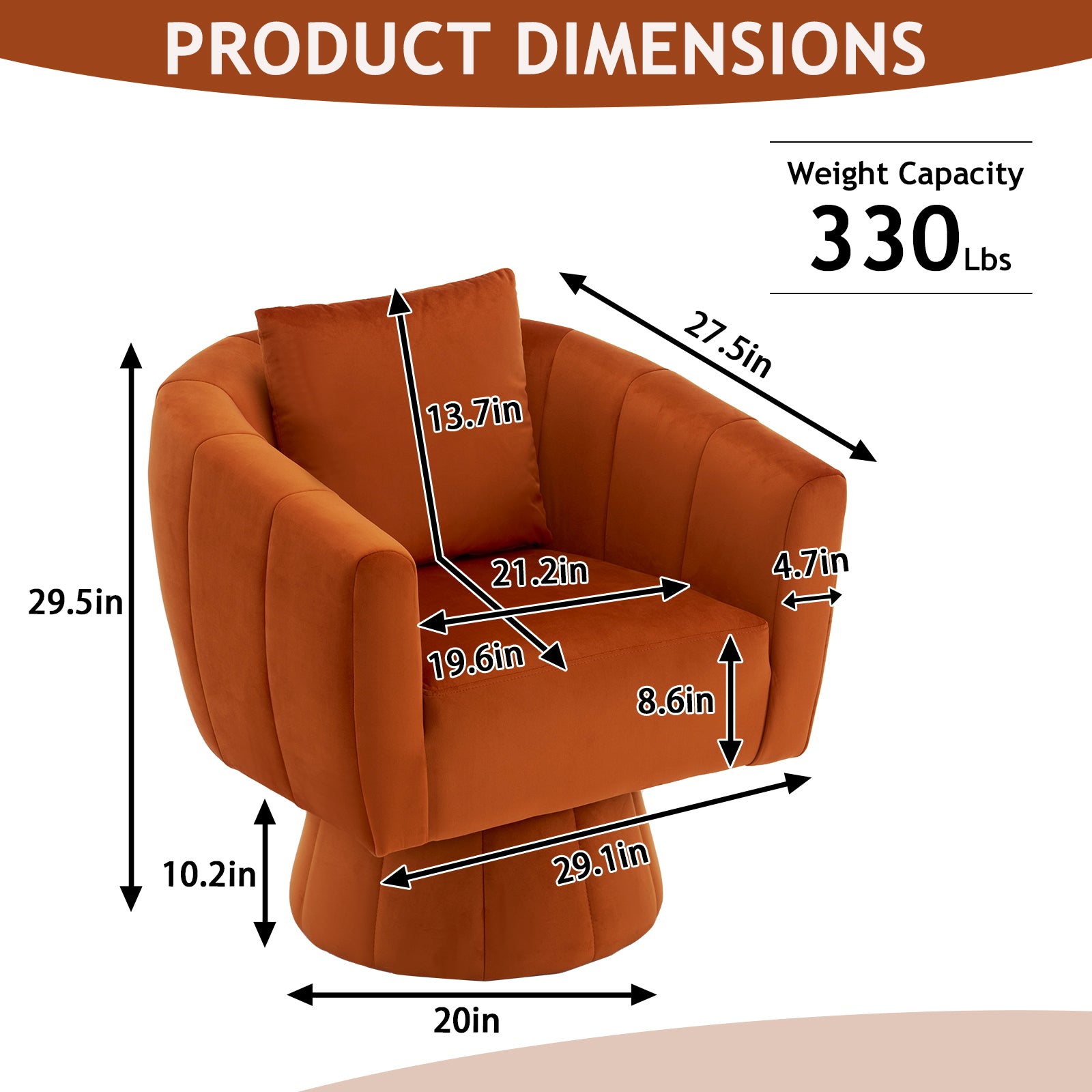 Optimized Title: HAOYYE 360° Swivel Accent Chair, Modern Velvet Upholstered Living Room Armchair, Comfortable Wide Seat with Fluffy Cushions, Stylish Barrel Chair for Bedroom, Lounge, Office, Burnt Orange.