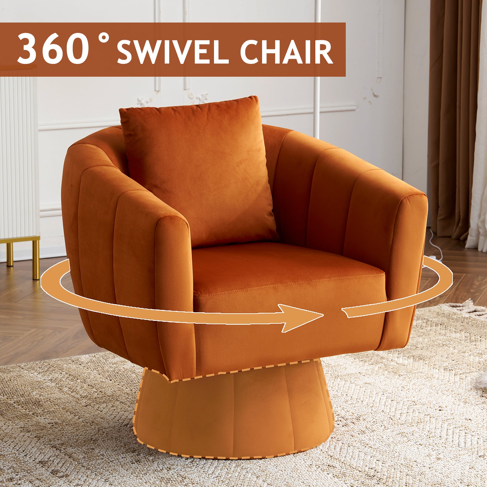 Optimized Title: HAOYYE 360° Swivel Accent Chair, Modern Velvet Upholstered Living Room Armchair, Comfortable Wide Seat with Fluffy Cushions, Stylish Barrel Chair for Bedroom, Lounge, Office, Burnt Orange.