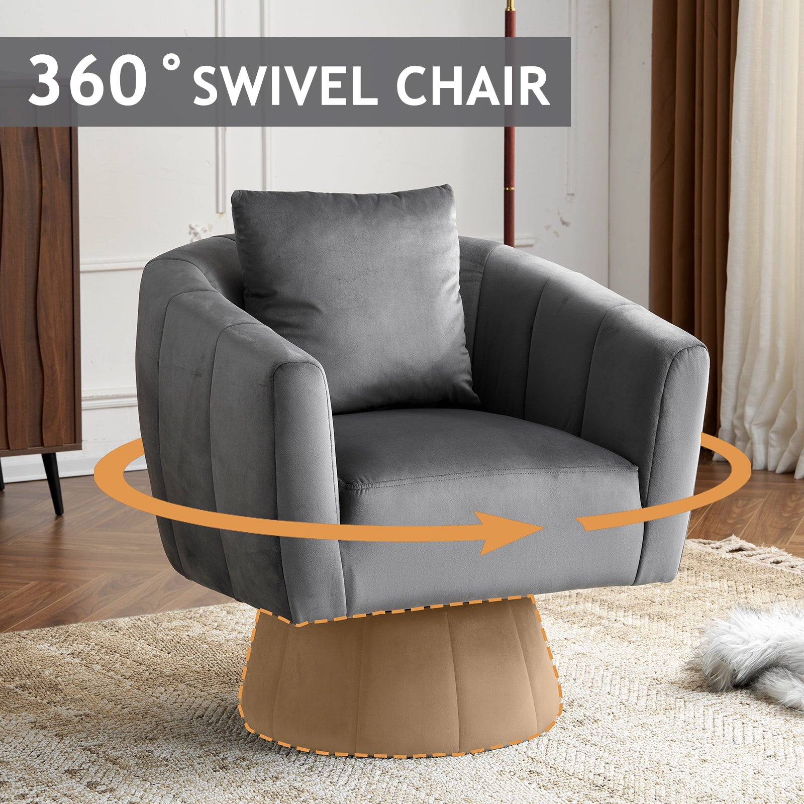 HAOYYE 360° Swivel Accent Chair, Modern Velvet Fabric Armchair with Fluffy Cushions, Wide Upholstered Design for Living Room, Bedroom, Lounge, and Office, Gray Finish, Comfortable and Stylish Barrel Chair