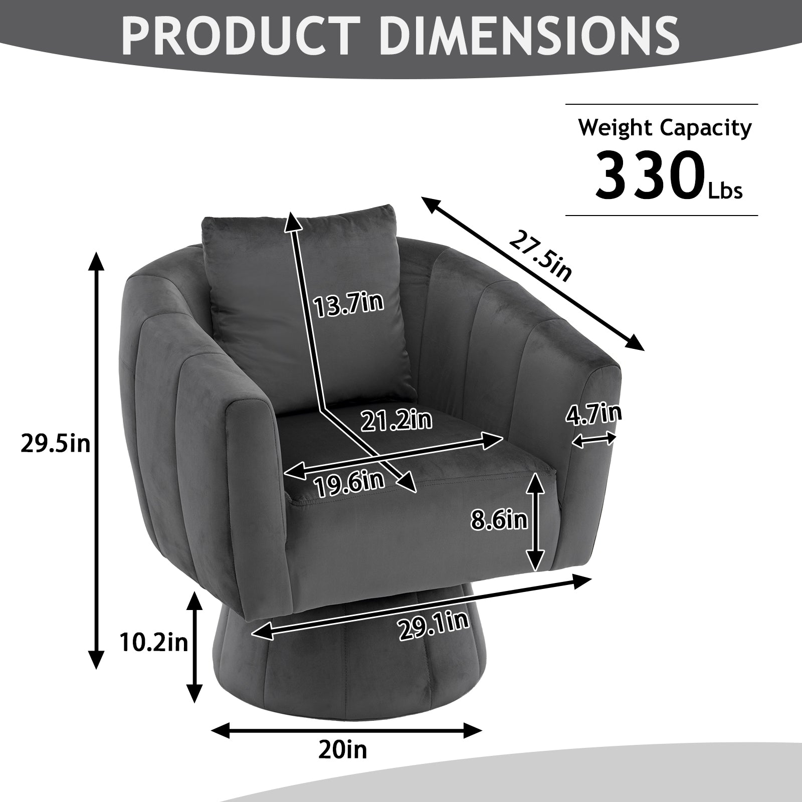 HAOYYE 360° Swivel Accent Chair, Modern Velvet Fabric Armchair with Fluffy Cushions, Wide Upholstered Design for Living Room, Bedroom, Lounge, and Office, Gray Finish, Comfortable and Stylish Barrel Chair