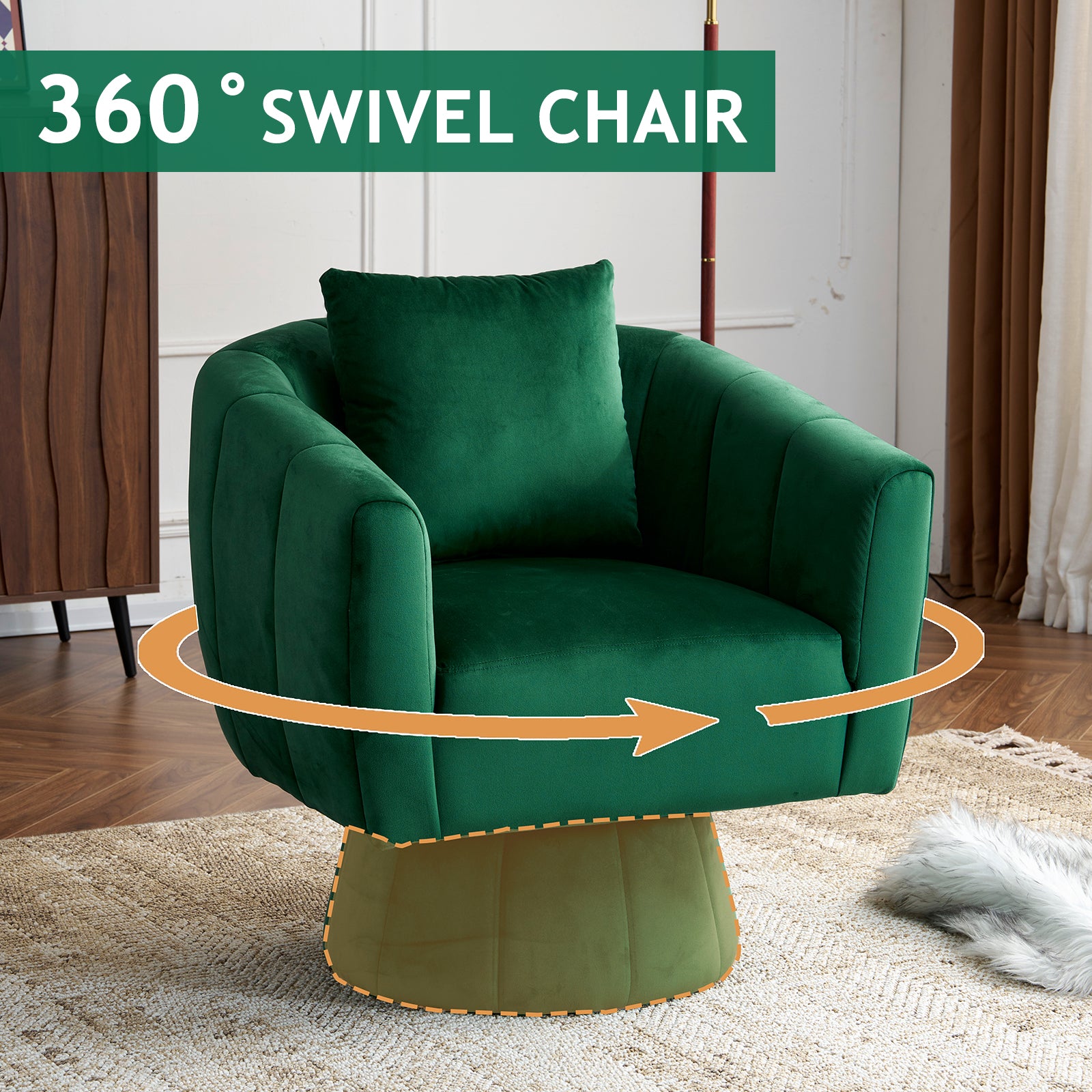 HAOYYE 360° Swivel Accent Chair, Modern Velvet Armchair with Fluffy Cushions, Wide Upholstered Barrel Chair for Living Room, Bedroom, Lounge, Office, Comfortable and Cozy in Green