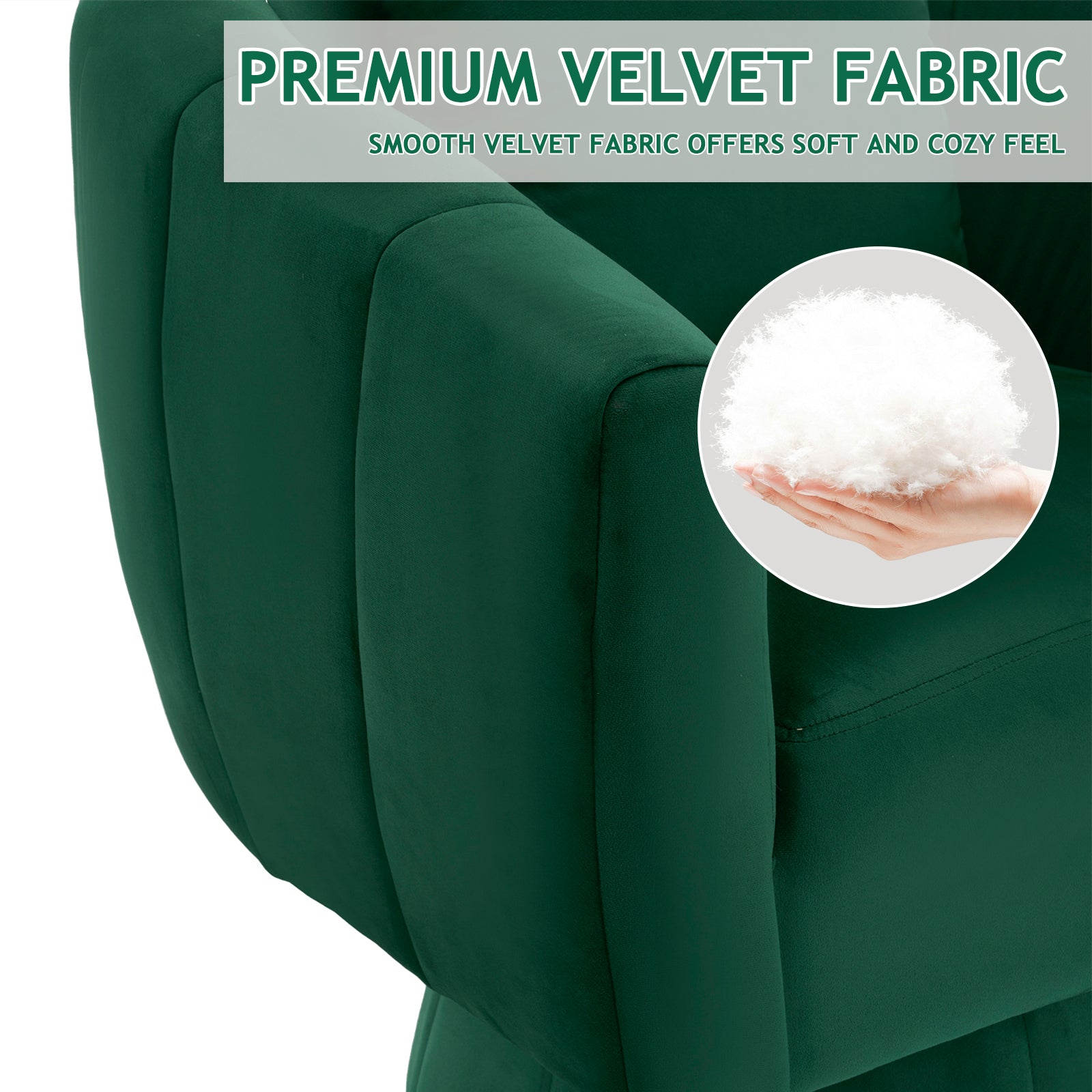HAOYYE 360° Swivel Accent Chair, Modern Velvet Armchair with Fluffy Cushions, Wide Upholstered Barrel Chair for Living Room, Bedroom, Lounge, Office, Comfortable and Cozy in Green