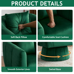 HAOYYE 360° Swivel Accent Chair, Modern Velvet Armchair with Fluffy Cushions, Wide Upholstered Barrel Chair for Living Room, Bedroom, Lounge, Office, Comfortable and Cozy in Green
