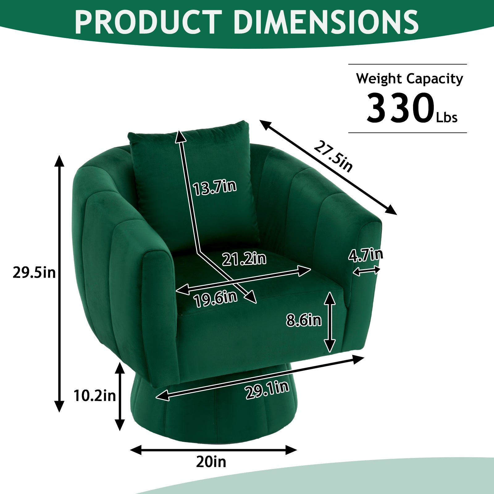 HAOYYE 360° Swivel Accent Chair, Modern Velvet Armchair with Fluffy Cushions, Wide Upholstered Barrel Chair for Living Room, Bedroom, Lounge, Office, Comfortable and Cozy in Green